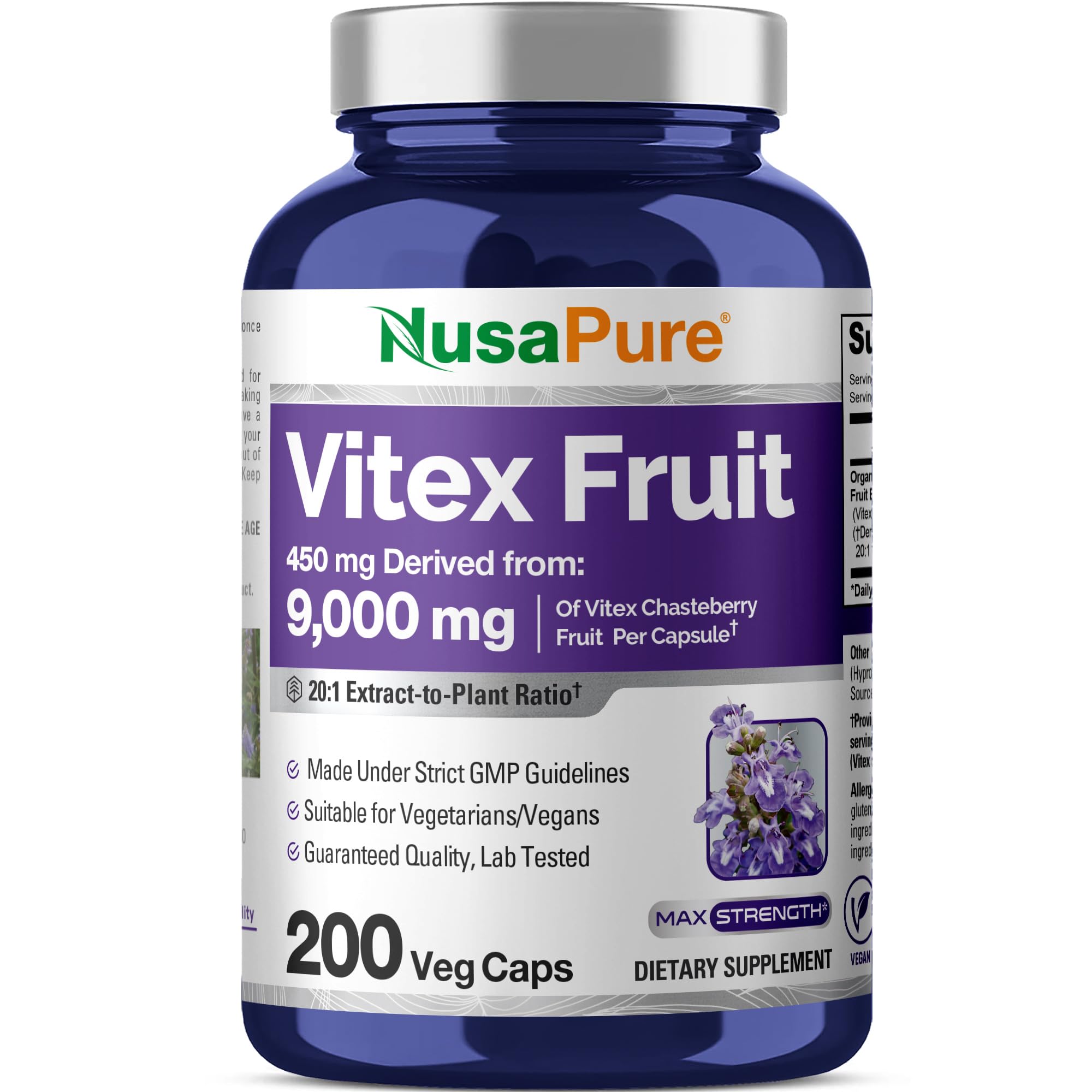 NusaPure Vitex Chasteberry Fruit 20:1 Extract, 450 mg Equivalent to 9,000 mg 200 Vegan Capsules - Non-GMO, Vegan Dietary Supplement NusaPureAu supplements