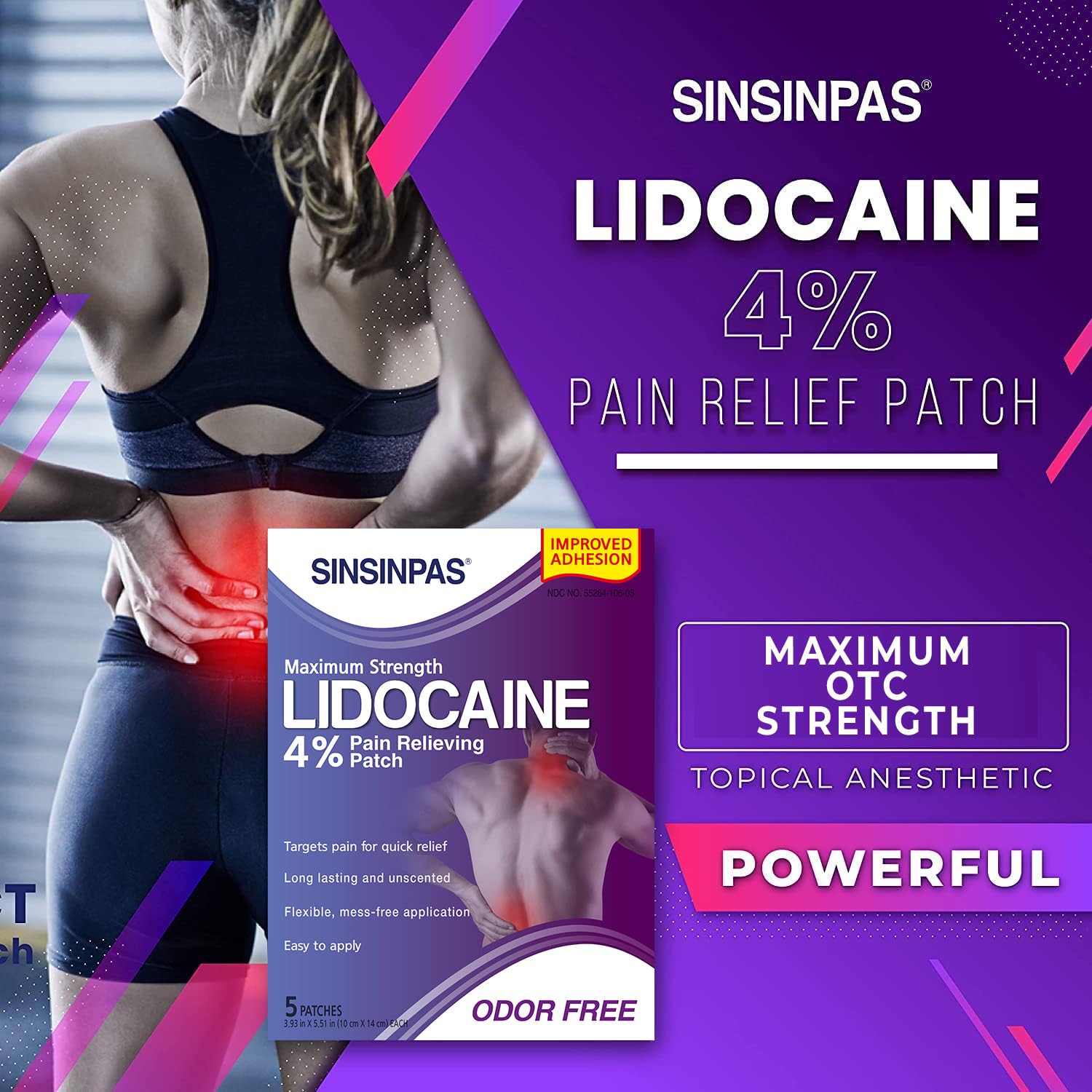 SINSINPAS Lidocaine 4% Pain Relieving Patch (1 Pack (5 Patches Total)) SINSINPASAu supplements