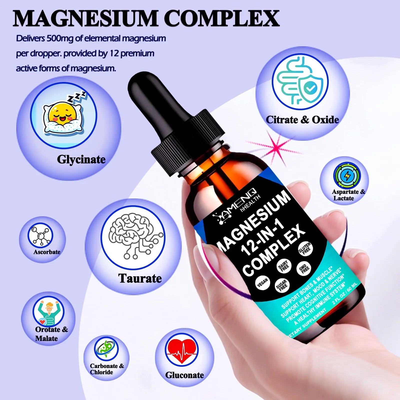 Magnesium 12 in 1 Complex Liquid Drops Magnesium Supplement w. Glycinate Citrate Malate Taurate Oxide Aspartate Orotate, Calm Magnesium for Sleep Muscle Heart Support丨Max Absorption Liquid Formula AMENQ hHEALTHnz supplements