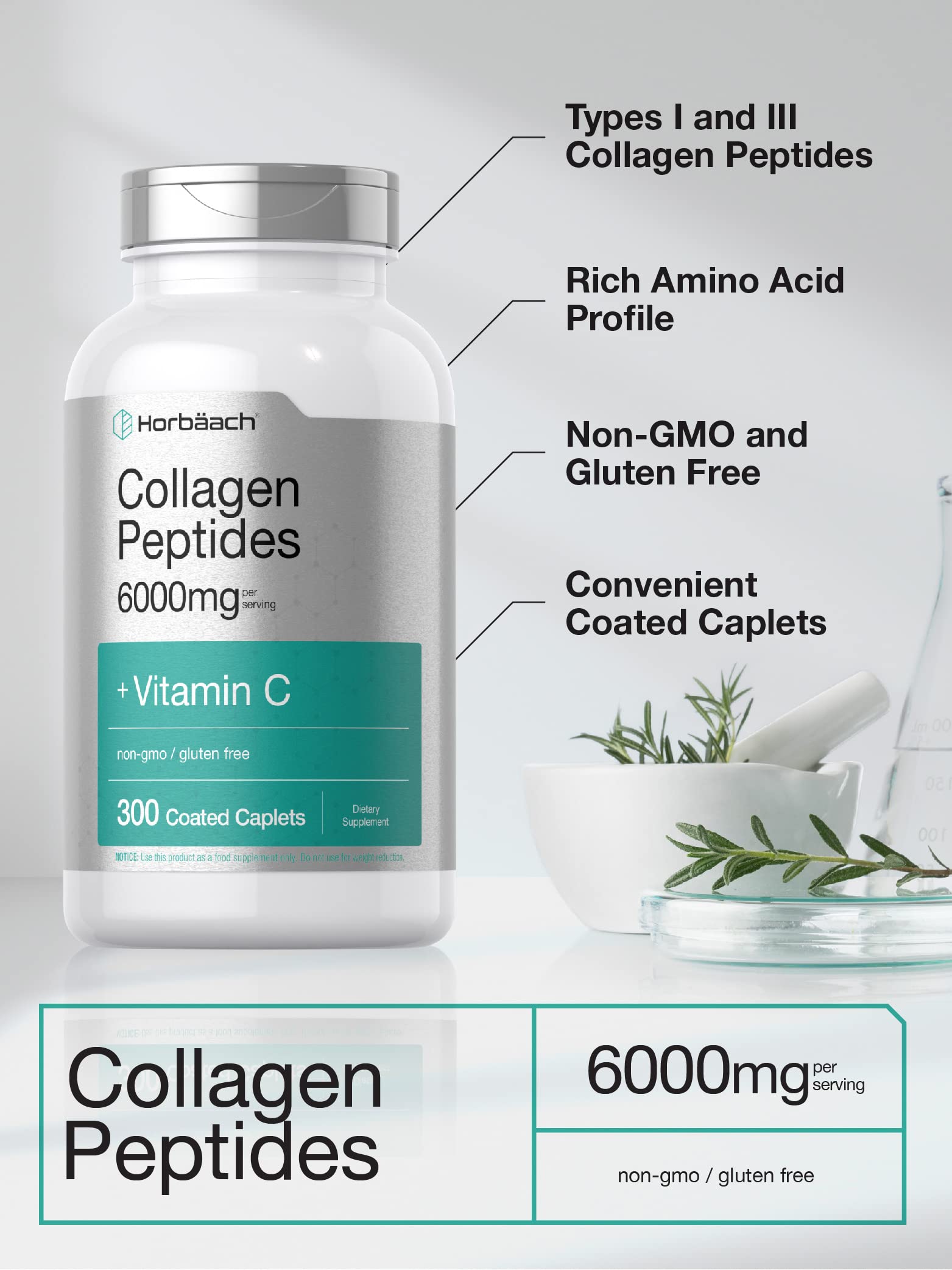 Horbäach Collagen Peptides 6000mg | 300 Caplet Pills | with Vitamin C | Hydrolyzed Collagen Supplement | Non-GMO, Gluten Free HorbäachAu supplements