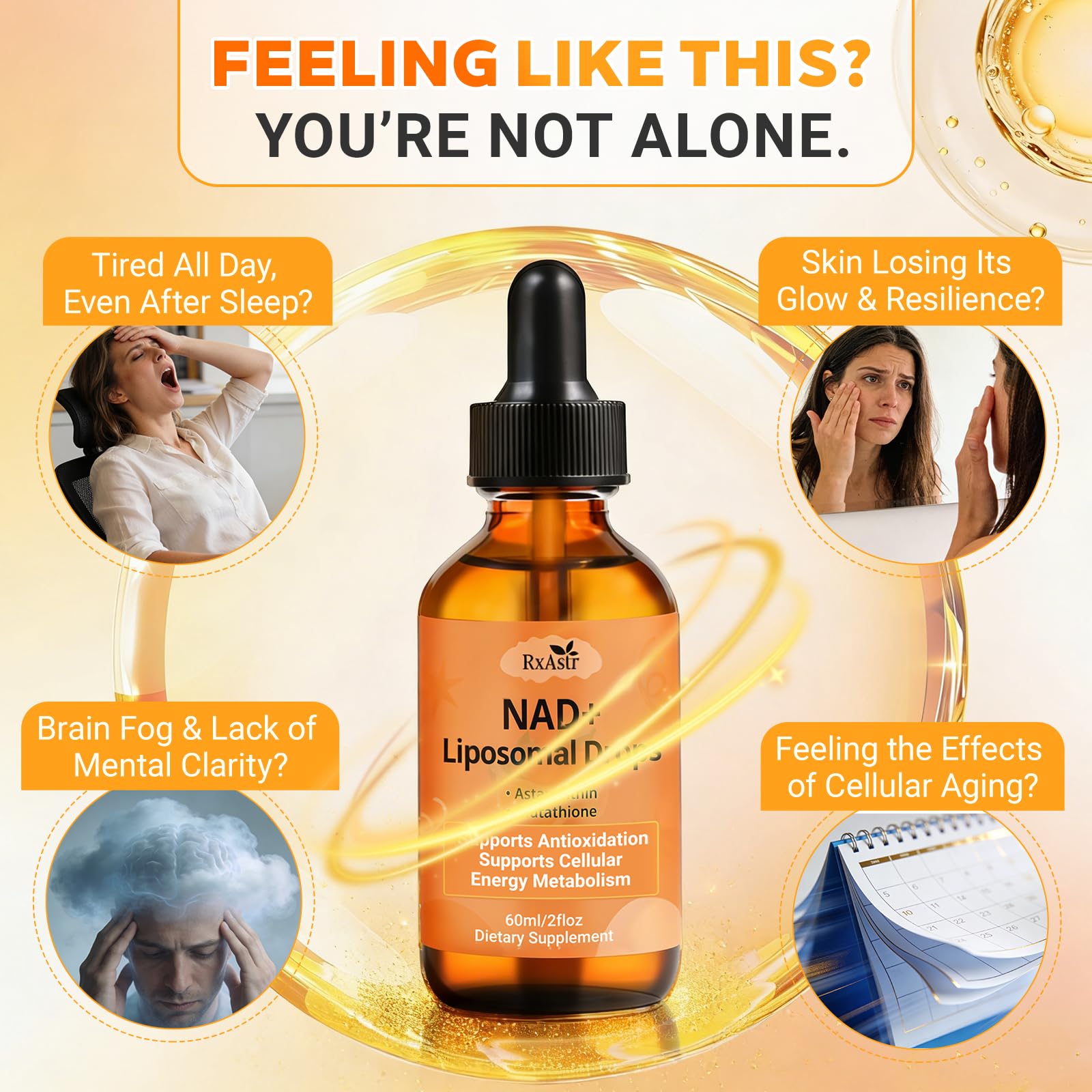 NAD+ Liposomal Drops with Astaxanthin & Glutathione, 600mg NR for Cellular Energy, Antioxidant Defense, Skin & Cognitive Support for Men & Women, Natural Citrus Flavor, Vegan, GMP Certified, 60ml RxAstrAu supplements