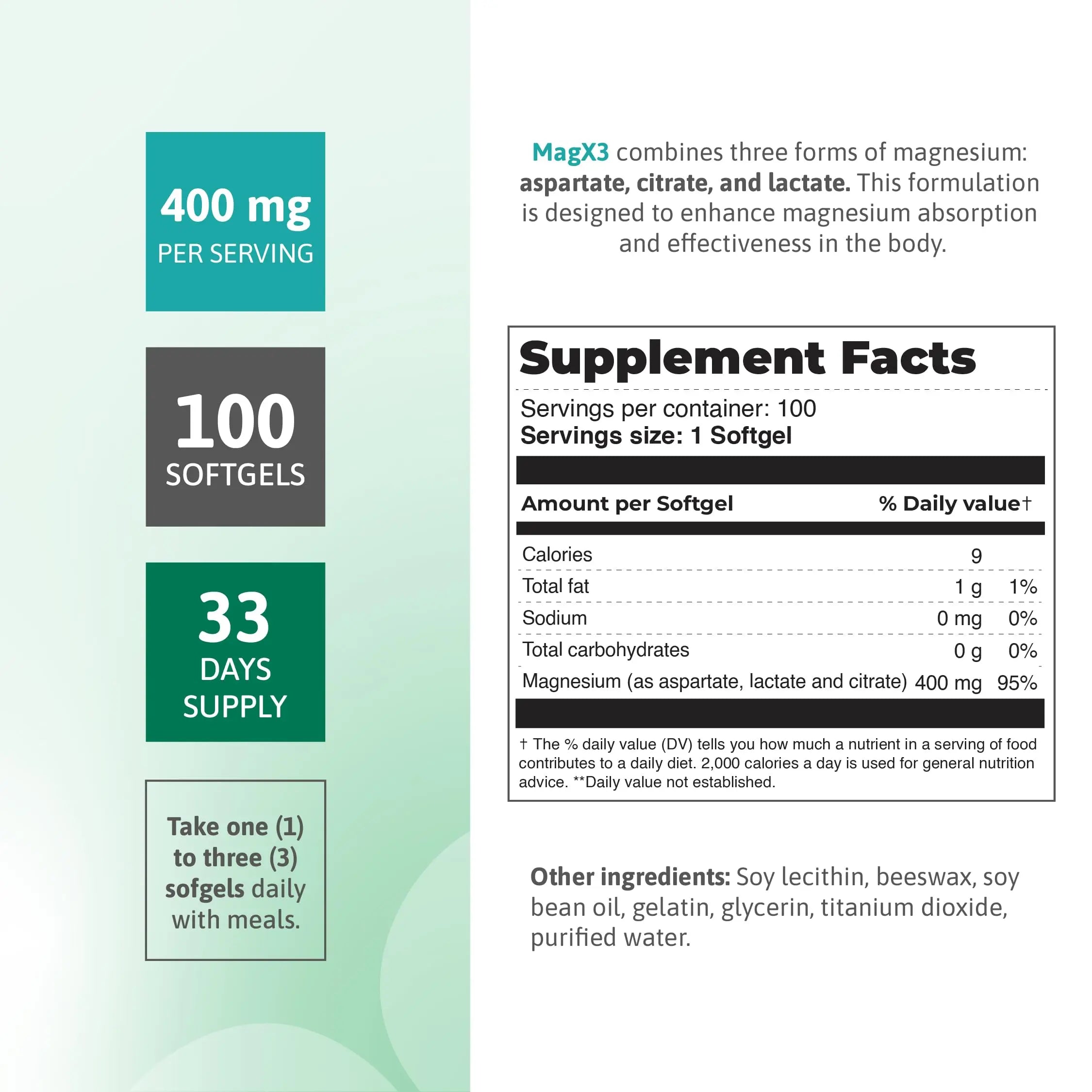 Magnesium Citrate Complex 400 mg – Triple Magnesium with Citrate, Aspartate & Lactate – High Absorption – 100 Softgels Nutra Nutritionnz supplements