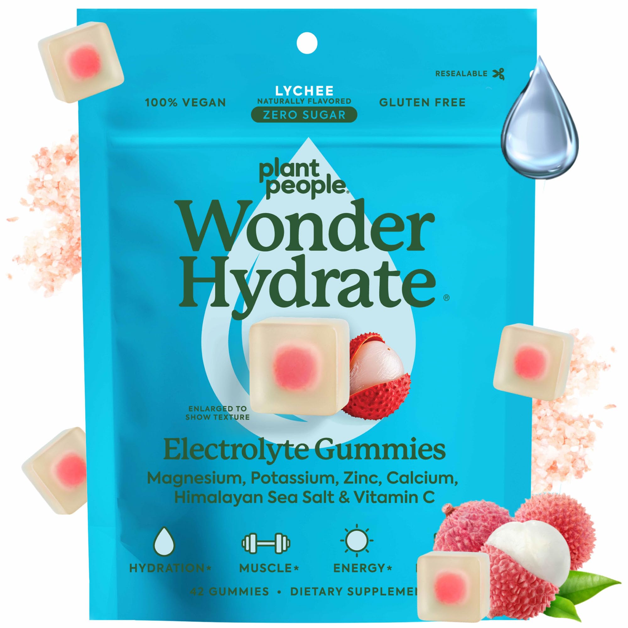 Plant People WonderHydrate Electrolyte Gummies – Vegan Hydration Supplement with Magnesium, Potassium, Zinc, Vitamin C & Himalayan Sea Salt – Zero Sugar Lychee (42 Count) Plant PeopleAu supplements
