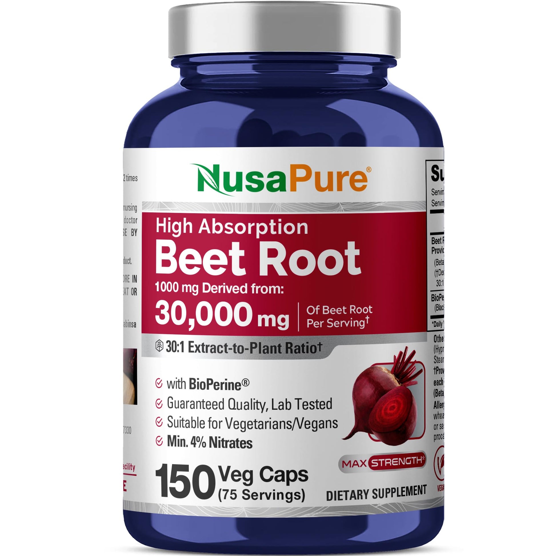 NusaPure Beet Root 30:1 Extract, 1000 mg Equivalent to 30,000 mg 150 Veggie caps (Vegan, Non-GMO & Vegan 4% Nitrates) Bioperine NusaPureAu supplements