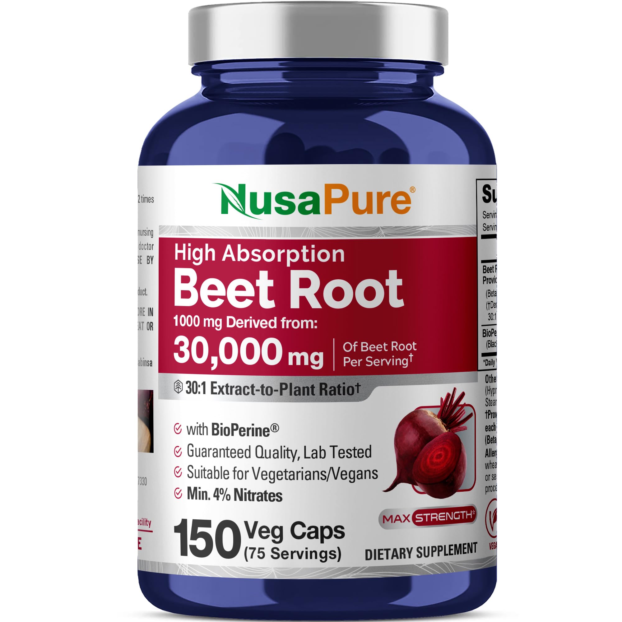 NusaPure Beet Root 30:1 Extract, 1000 mg Equivalent to 30,000 mg 150 Veggie caps (Vegan, Non-GMO & Vegan 4% Nitrates) Bioperine NusaPureAu supplements
