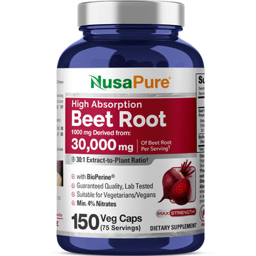 NusaPure Beet Root 30:1 Extract, 1000 mg Equivalent to 30,000 mg 150 Veggie caps (Vegan, Non-GMO & Vegan 4% Nitrates) Bioperine NusaPureAu supplements
