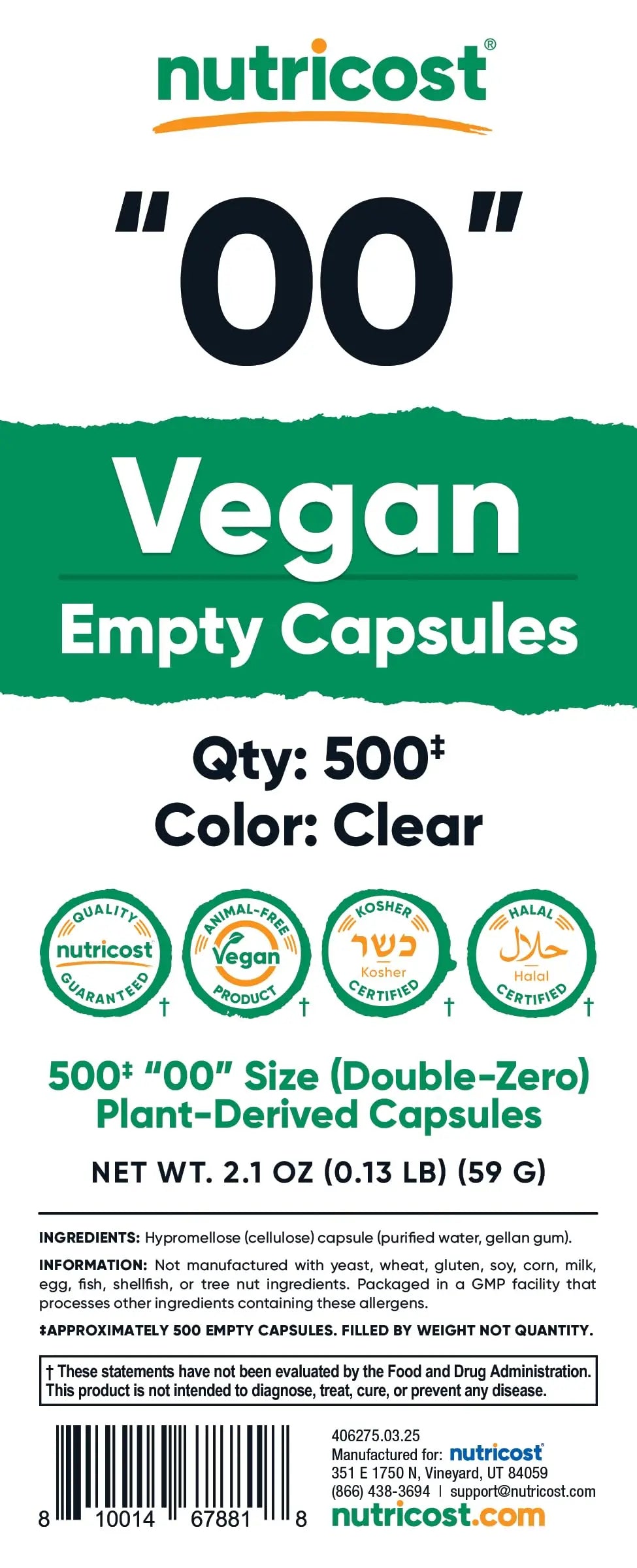 Nutricost Empty Capsules Size 00 Vegan - 500 Clear Empty Plant-Based Capsules - Kosher Certified, Halal Certified, Non-GMO, Soy Free, Gluten Free, Vegetarian NutricostAu supplements