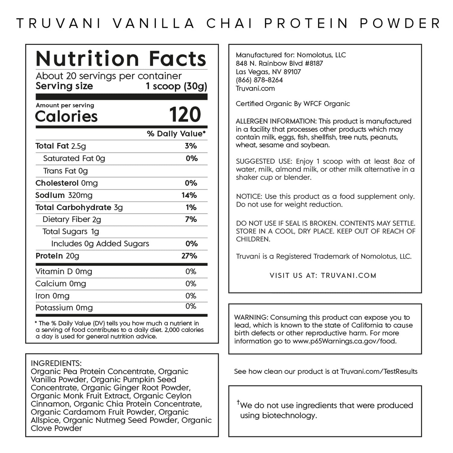Truvani Organic Vegan Protein Powder Vanilla Chai - 20g of Plant Based Protein, Organic TruvaniUS supplements