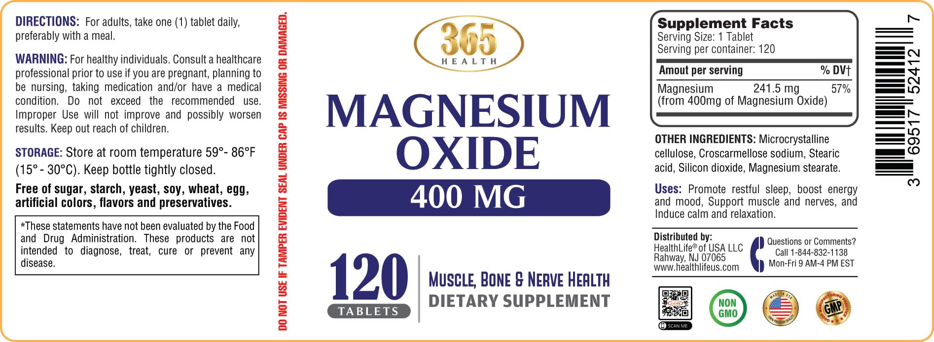 Magnesium 400mg [High Potency] Supplement – Magnesium Oxide for Immune Support, Muscle Recovery, Leg Cramps and Relaxation 120 Tablets-USA Made HEALTH LFEAu supplements