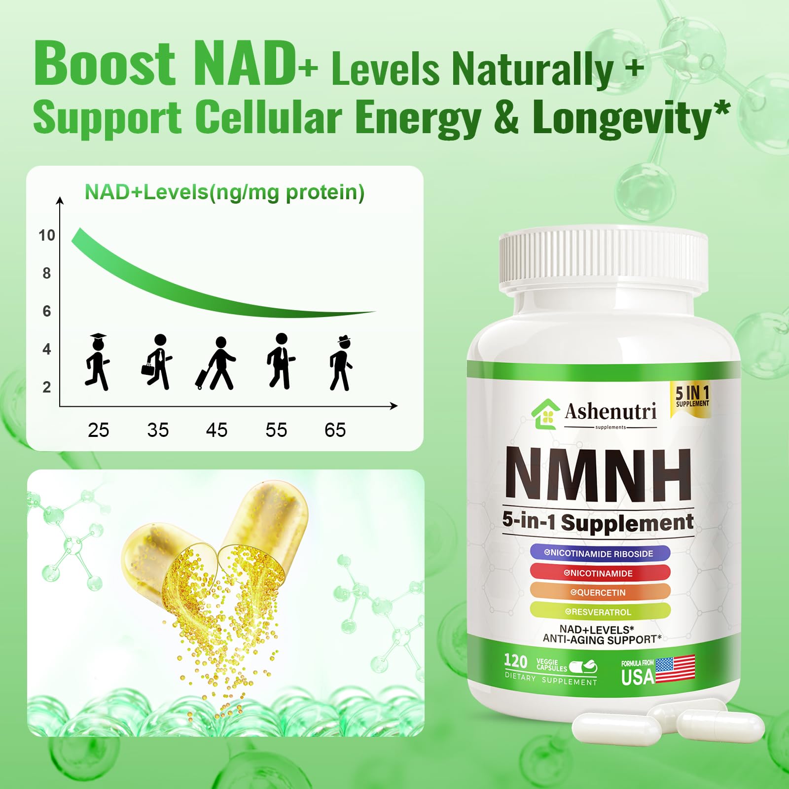 NMNH (Dihydronicotinamide Mononucleotide), NMN Alternative Supplement w/Niacinamide (Vitamin B3), Quercetin, Trans-Resveratrol, Support NAD+, Skin Cell Health*, Anti-Aging & Energy, 120 Caps AshenutriAu supplements