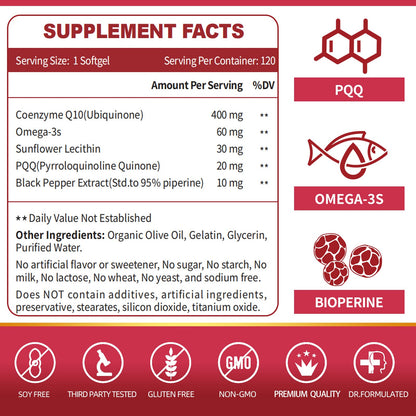 CoQ10-400mg-Softgels with PQQ, BioPerine & Omega-3, Coenzyme Q10(Ubiquinone) ZEBORAUS supplements