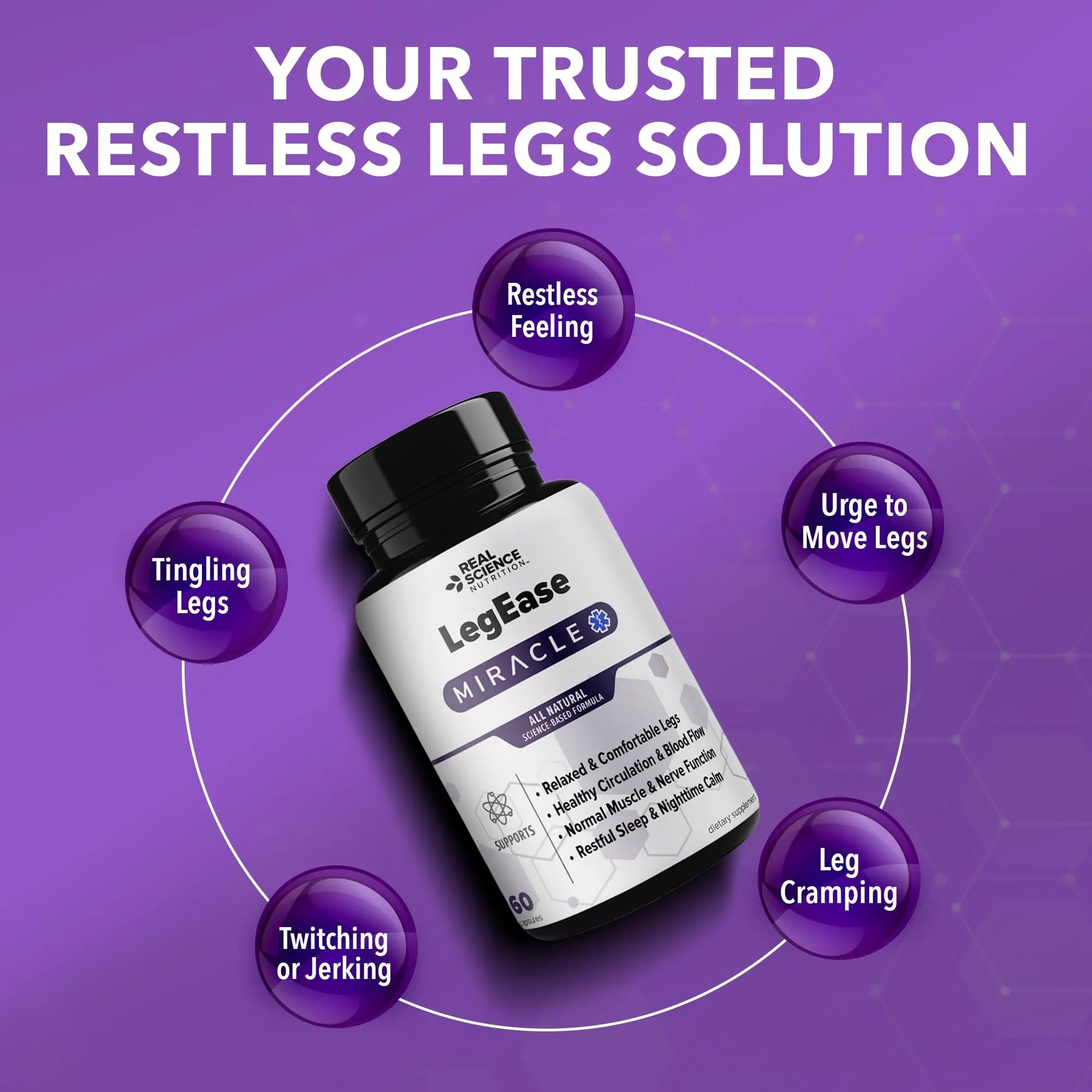 Real Science LegEase Miracle – All Natural Restless Legs Syndrome Relief & Leg Cramp Supplement with Vitamins C, D, K, B6, B12 + Nitric Oxide Support – Sleep & Circulation Aid – Made in USA, 60 Caps Real Science NutritionAu supplements