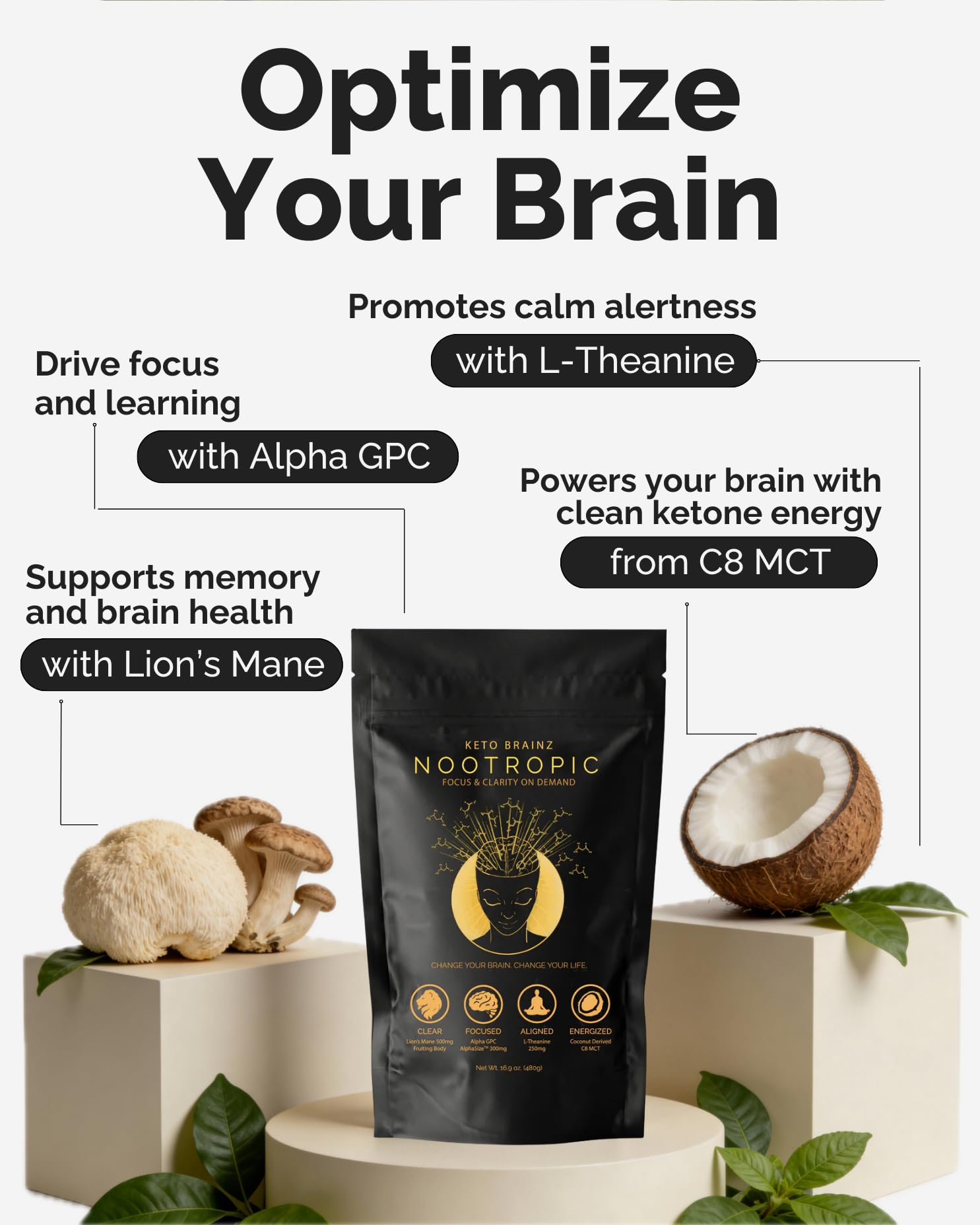 Keto Brainz C8MCT Based Nootropic - with 500mg Lion's Mane Mushroom, AlphaGPC & L-Theanine This is The Ultimate Easy to use nootropic Stack & Makes Delicious Mushroom Coffee! 16oz. 30 Servings Keto BrainzAu supplements