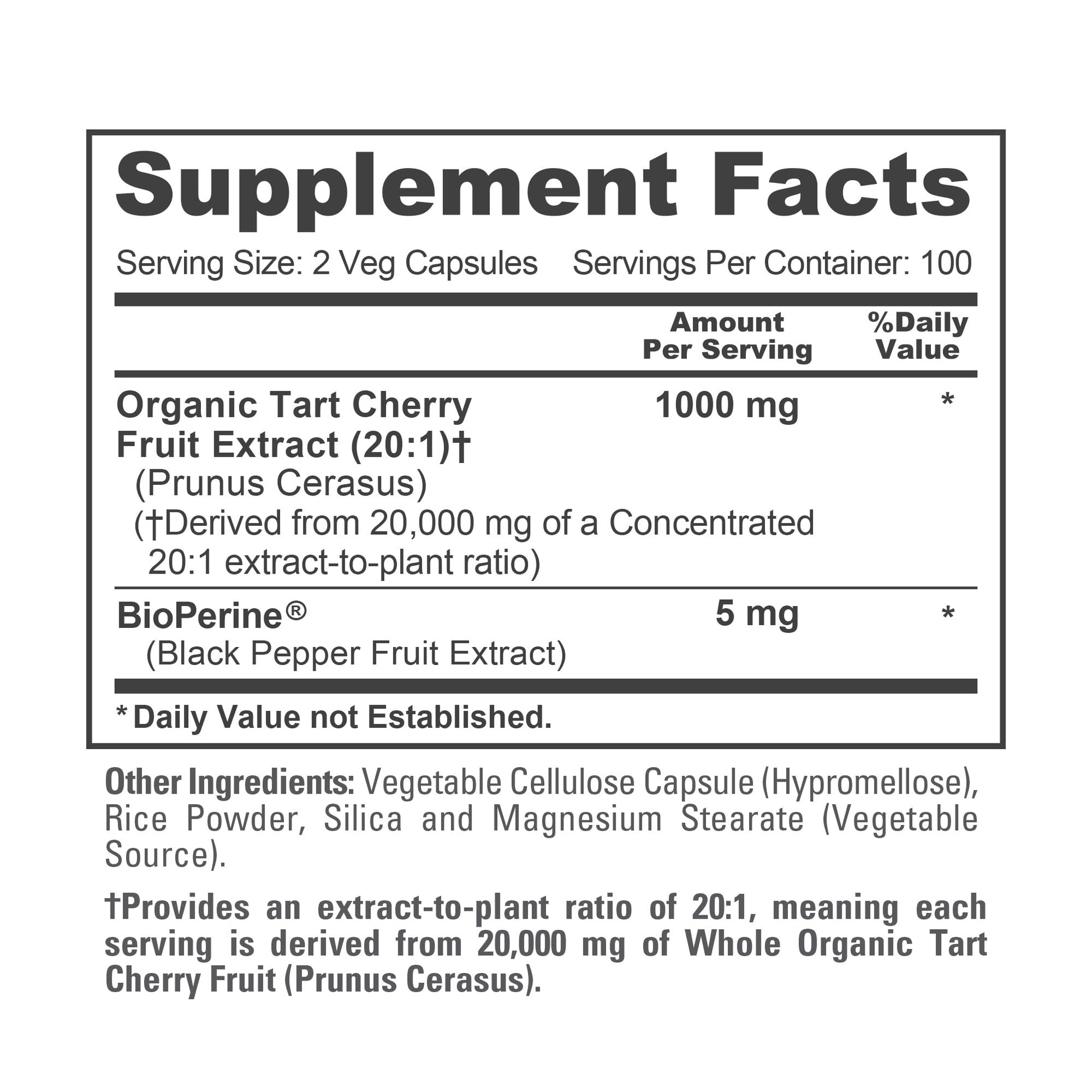 NusaPure Organic Tart Cherry 20:1 Extract, 1000 mg Equivalent to 20,000 mg 200 Veggie Caps (Vegan, Non-GMO) Bioperine NusaPureAu supplements