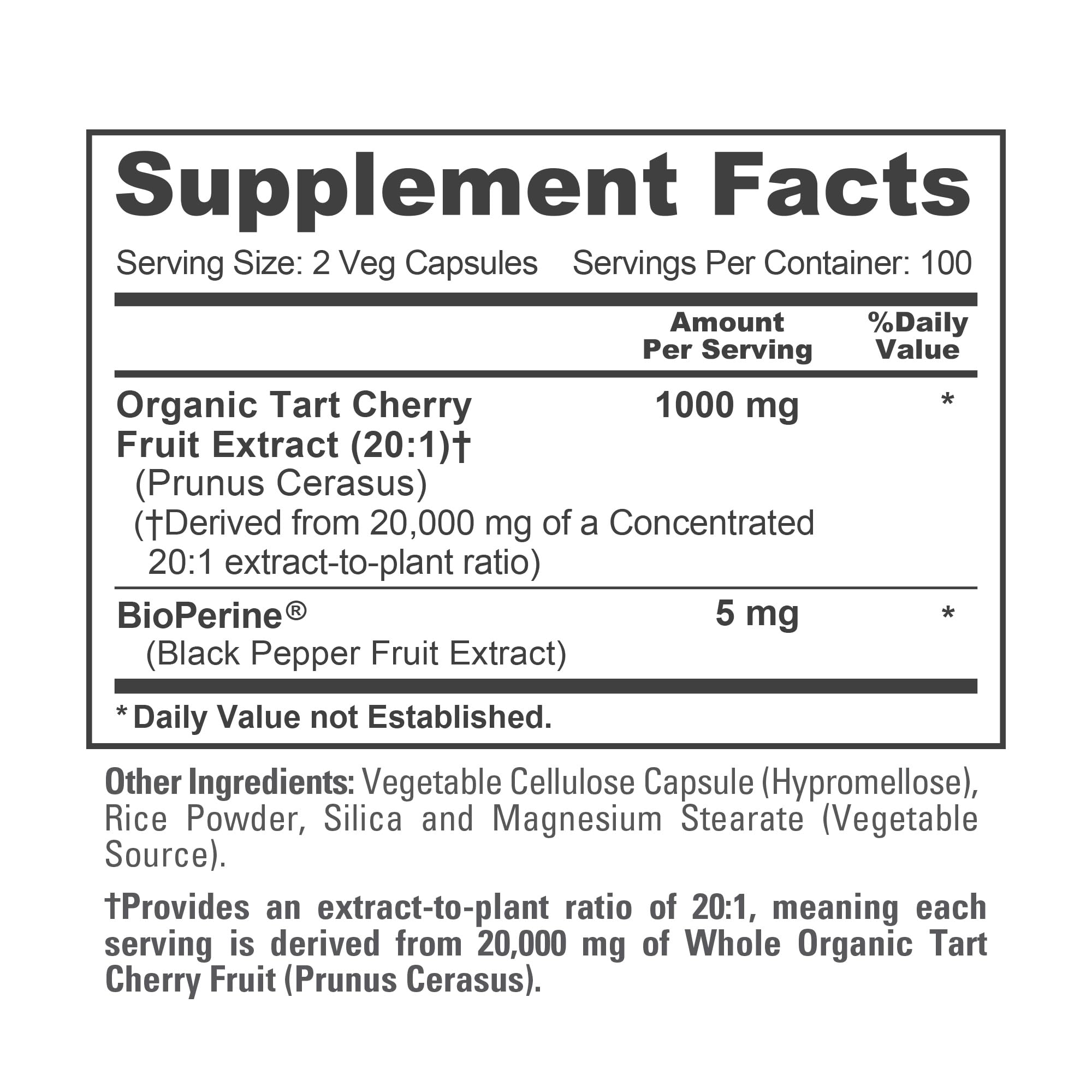 NusaPure Organic Tart Cherry 20:1 Extract, 1000 mg Equivalent to 20,000 mg 200 Veggie Caps (Vegan, Non-GMO) Bioperine NusaPureAu supplements