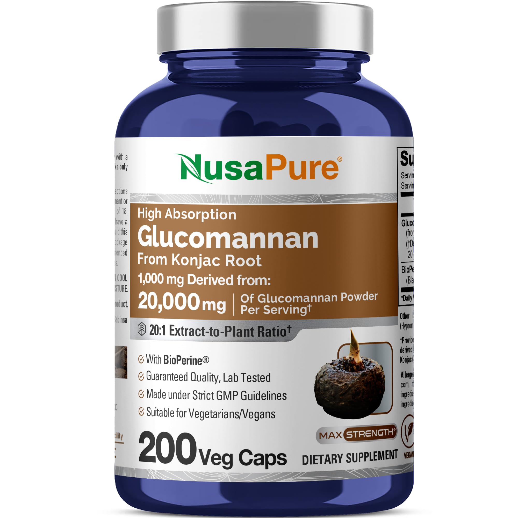 NusaPure Glucomannan 20,000 mg per Serving 200 VCaps (20:1 Extract, BioPerine Non-GMO, Vegan) Konjac Root NusaPureAu supplements