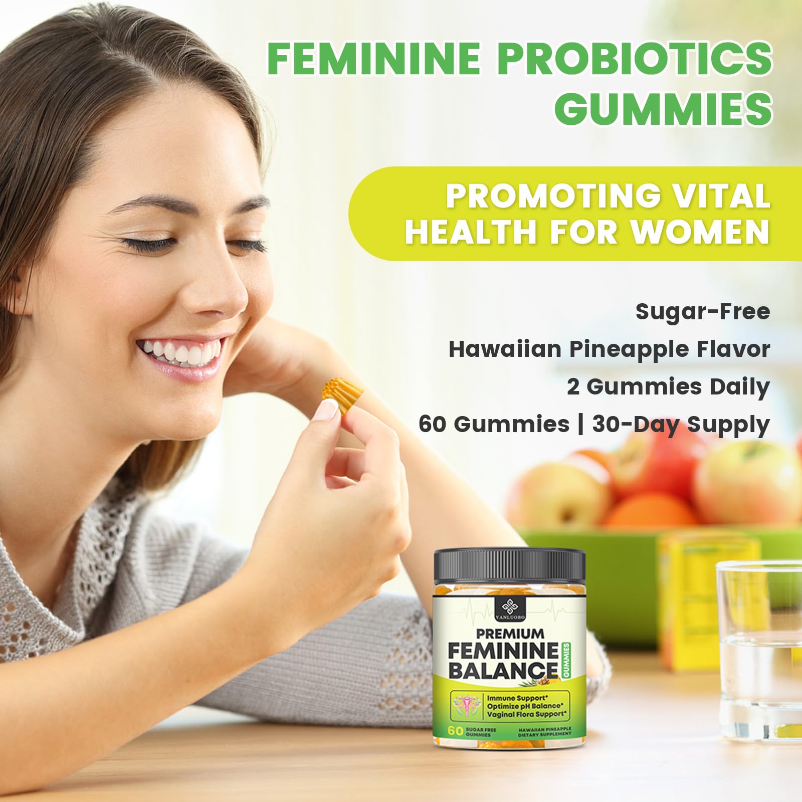 YANLUOBO Feminine Balance Probiotic Gummies - Women's Vaginal Health Support | PH Balance & Odor, Flora, Immune Support | Probiotics for Women, Vegan Pineapple Flavor, 60 Count YANLUOBOAu supplements