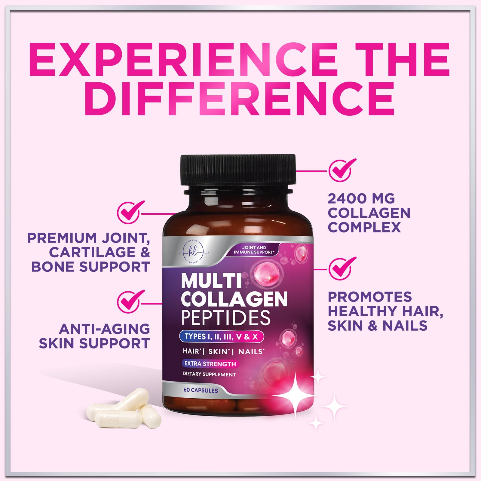 Multi Collagen Supplement 2400 mg - Types I, II, III, V & X Multi Collagen Peptides Pills for Women & Men, Hydrolyzed Collagen Supplements, Hair, Skin, Nail, & Joint Support Supplement, 60 Capsules Hello Lovely!Au supplements