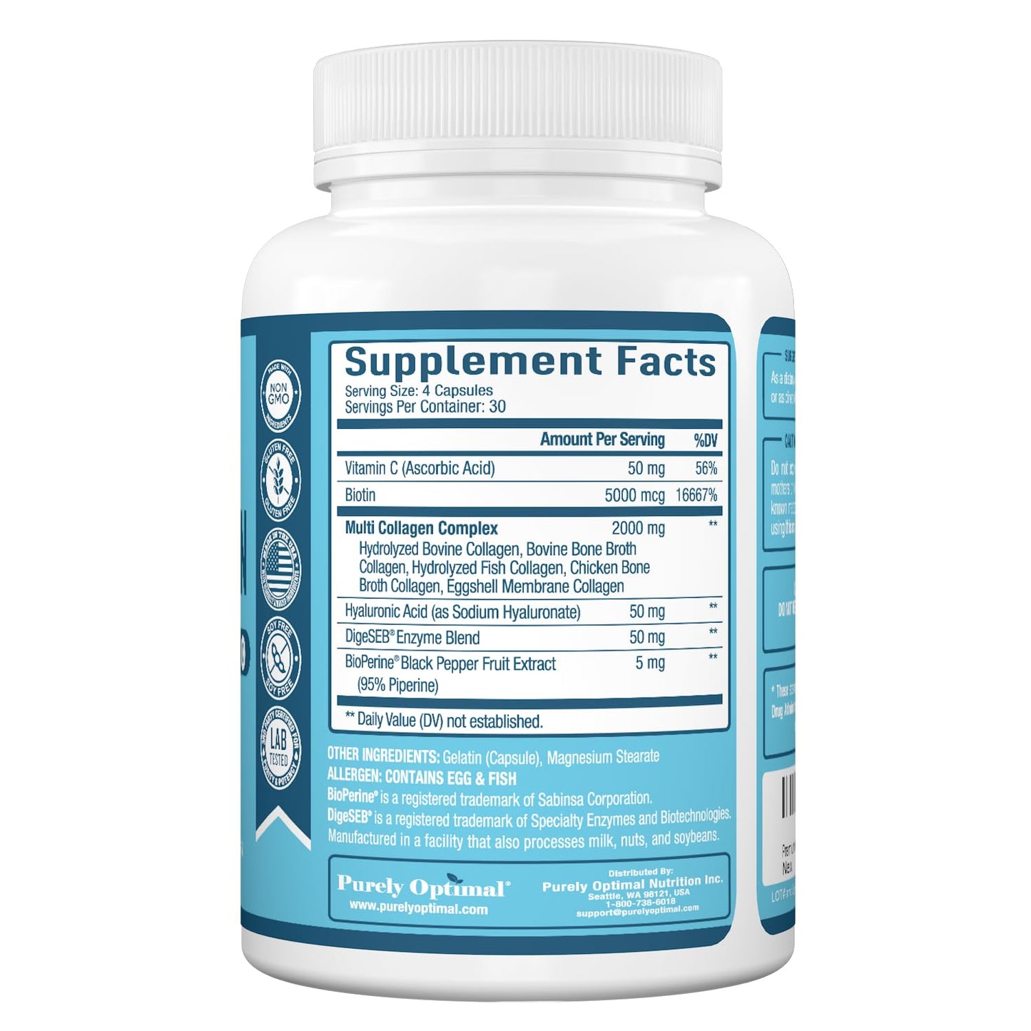 Premium Multi Collagen Peptides (Types I, II, II, V, X) - Collagen Pills for Skin Care, Hair Growth, Nails & Joints - Vitamin C, Hyaluronic Acid Purely OptimalUS supplements