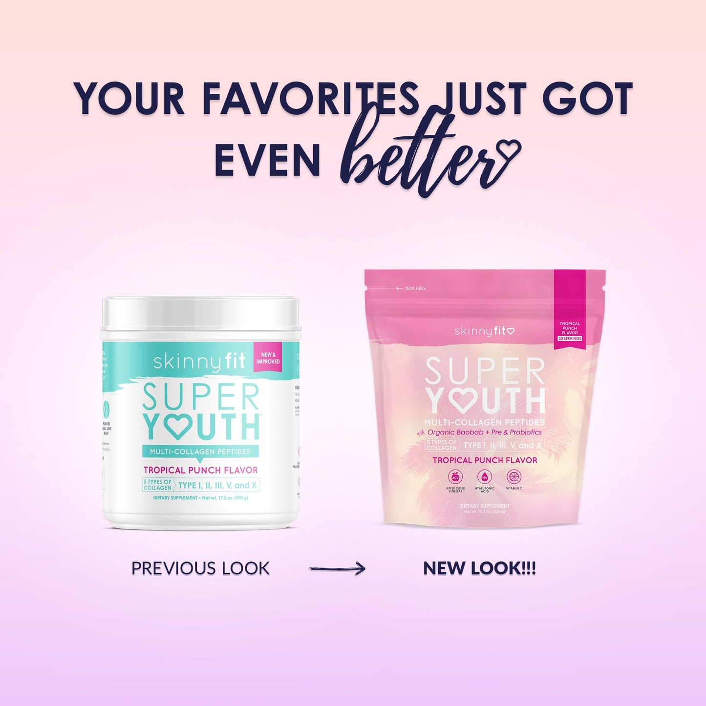 SkinnyFit Super Youth Tropical Punch Multi-Collagen Peptides + Probiotics, Baobab Fiber SkinnyFitUS supplements