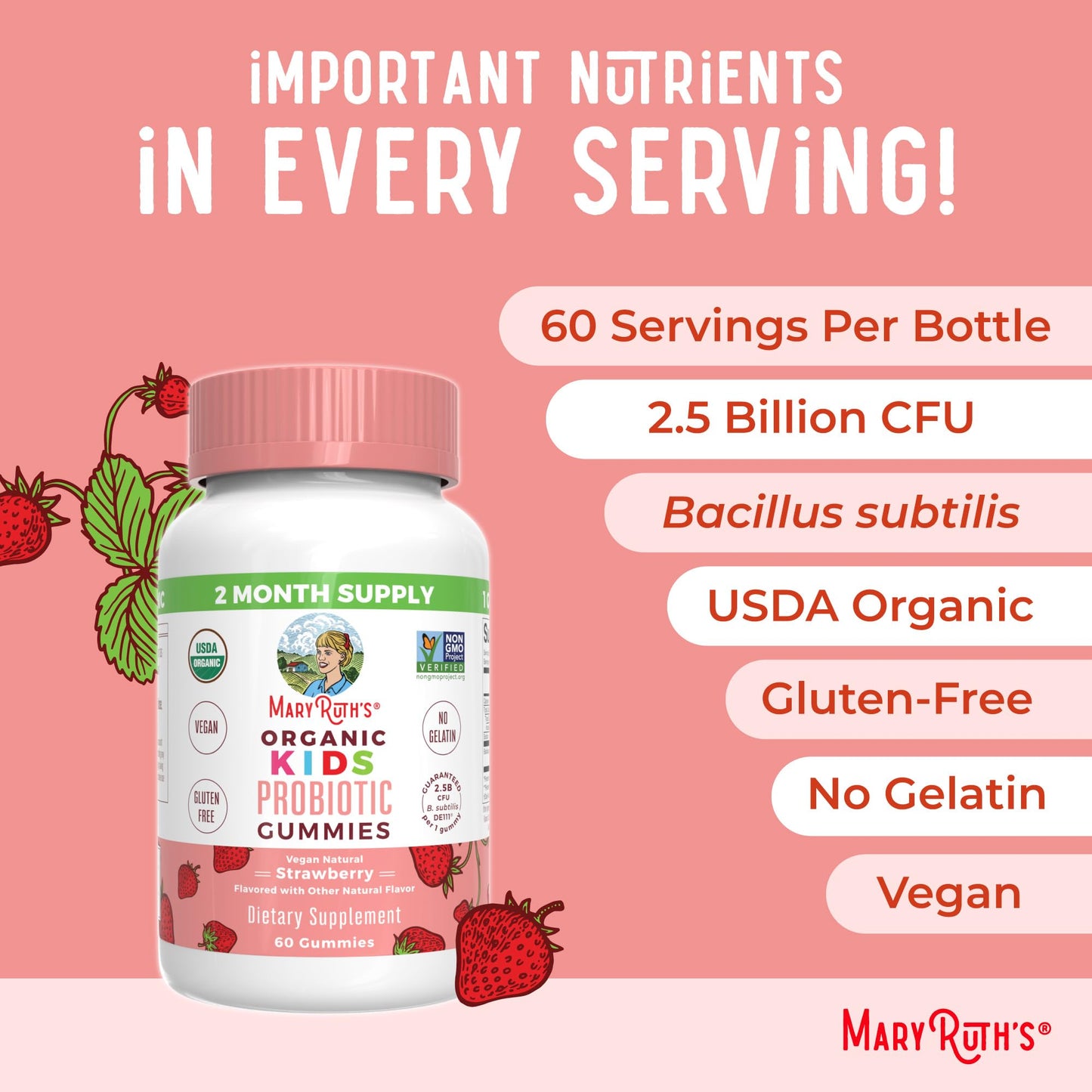 MaryRuth Organics Kids Probiotics for Digestive Health | USDA Probiotic Gummies | 2 Month Supply | Kids Probiotics | Immune Support | Gut Health Supplement | Vegan | Non-GMO | Gluten Free | 60 Count MARYRUTH'SUS supplements