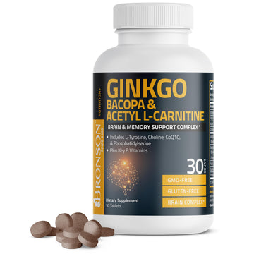 Bronson Ginkgo, Bacopa & Acetyl L-Carnitine Brain & Memory Support Complex with L-Tyrosine, Choline, CoQ10 & Phosphatidylserine Plus Key B Vitamins Non-GMO, 30 Tablets BronsonAu supplements