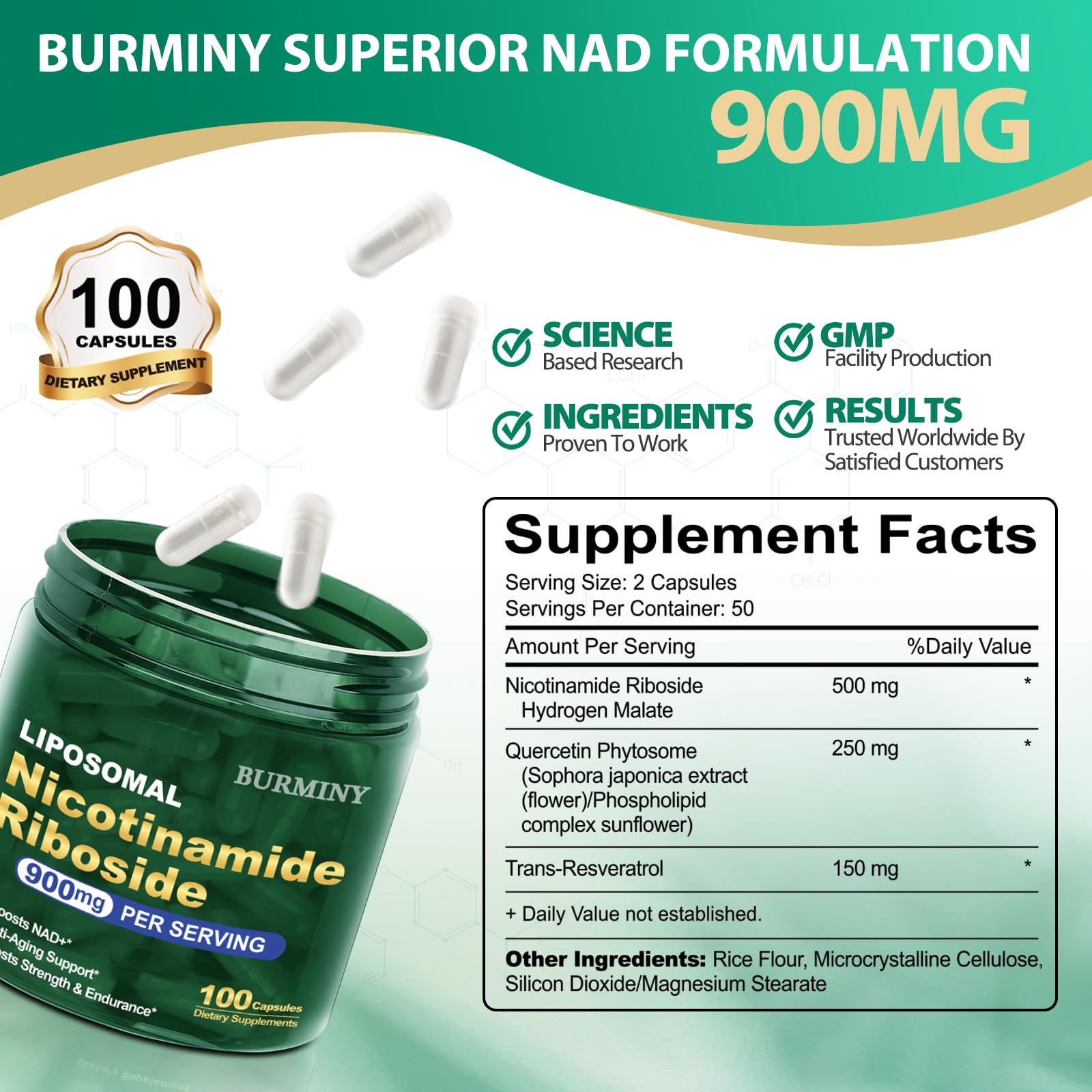 BURMINY NAD Supplement, NAD Nicotinamide Riboside Resveratrol 900mg, Liposomal NAD Supplements for Women & Man, High Purity NMNH Supplement Alternative for Anti-Aging, Energy, Focus - 2Pcs BURMINYAu supplements