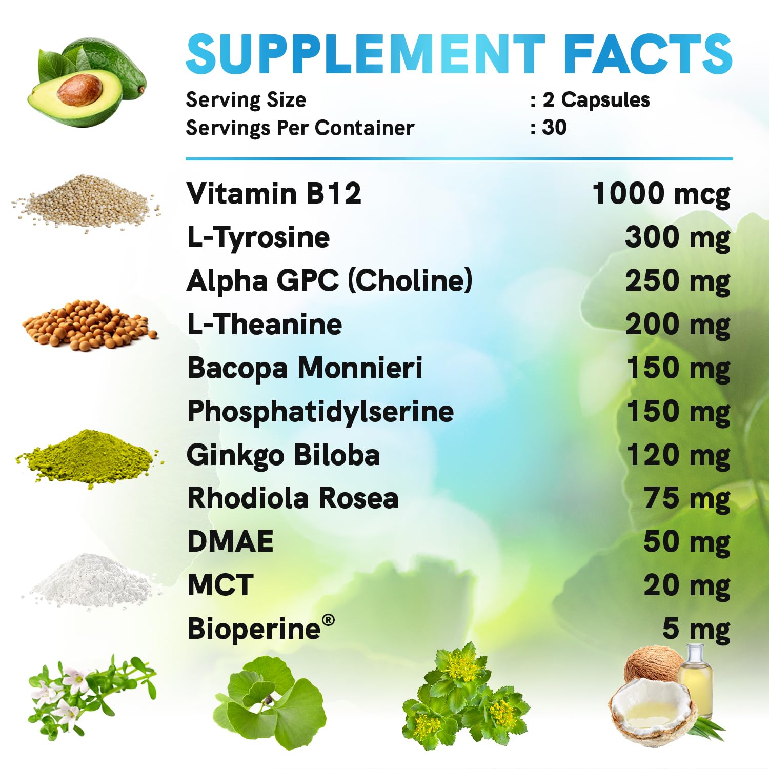 12-in-1 Nootropic Brain Supplement Anhydrous: Ginkgo Biloba for Brain Support, Memory and Focus - B12, Alpha GPC, L Theanine and Choline Supplements with Bioperine non Caffeinated 1321mg (120ct) MEDCHOICEAu supplements