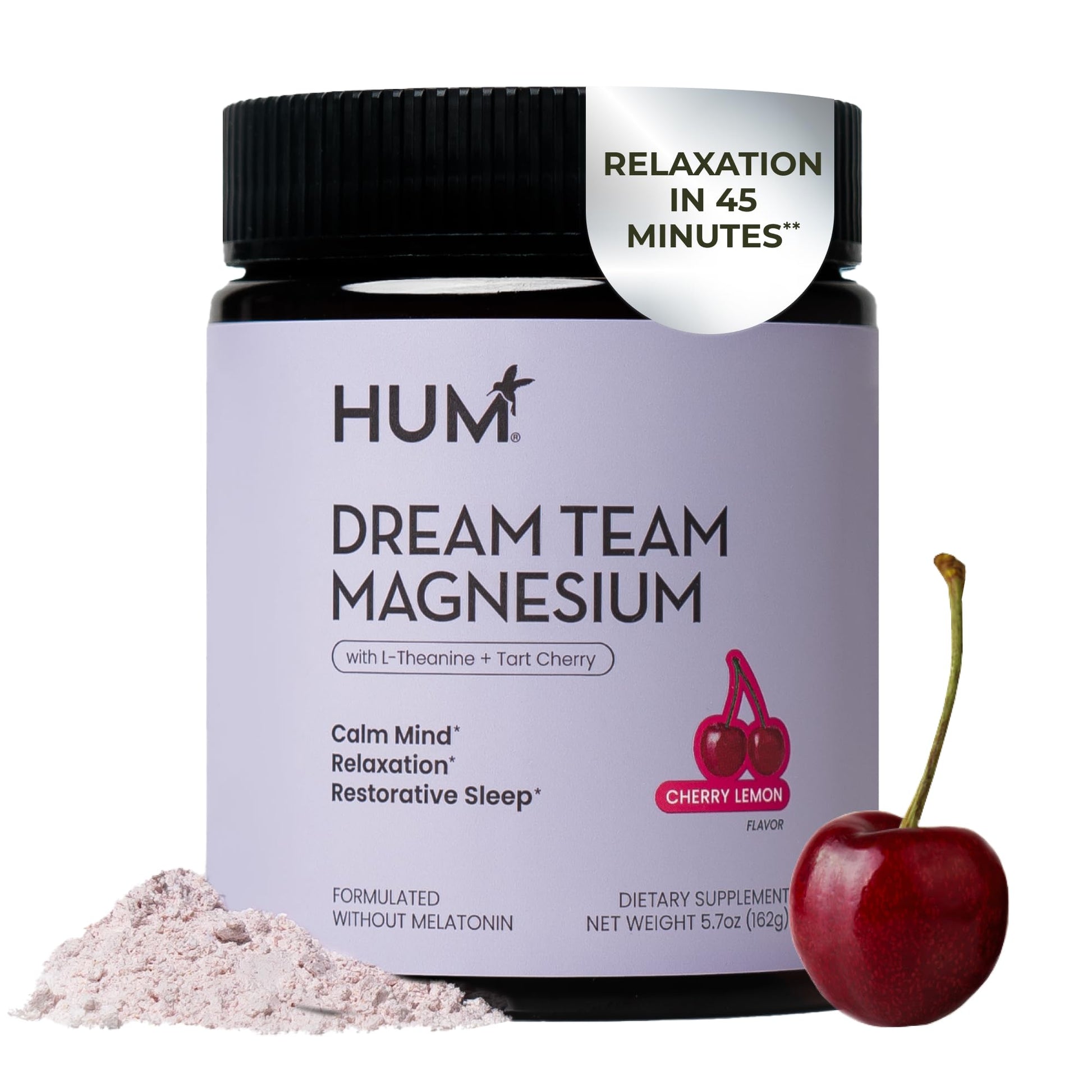 Hum Nutrition Dream Team Magnesium Bisglycinate Powder, L Theanine & Tart Cherry Magnesium Supplement Drink Mix, Support Rest, Relaxation & Sleep Routine, Gluten Free, Vegan, Cherry Lemon, 30 Servings HUMUS supplements