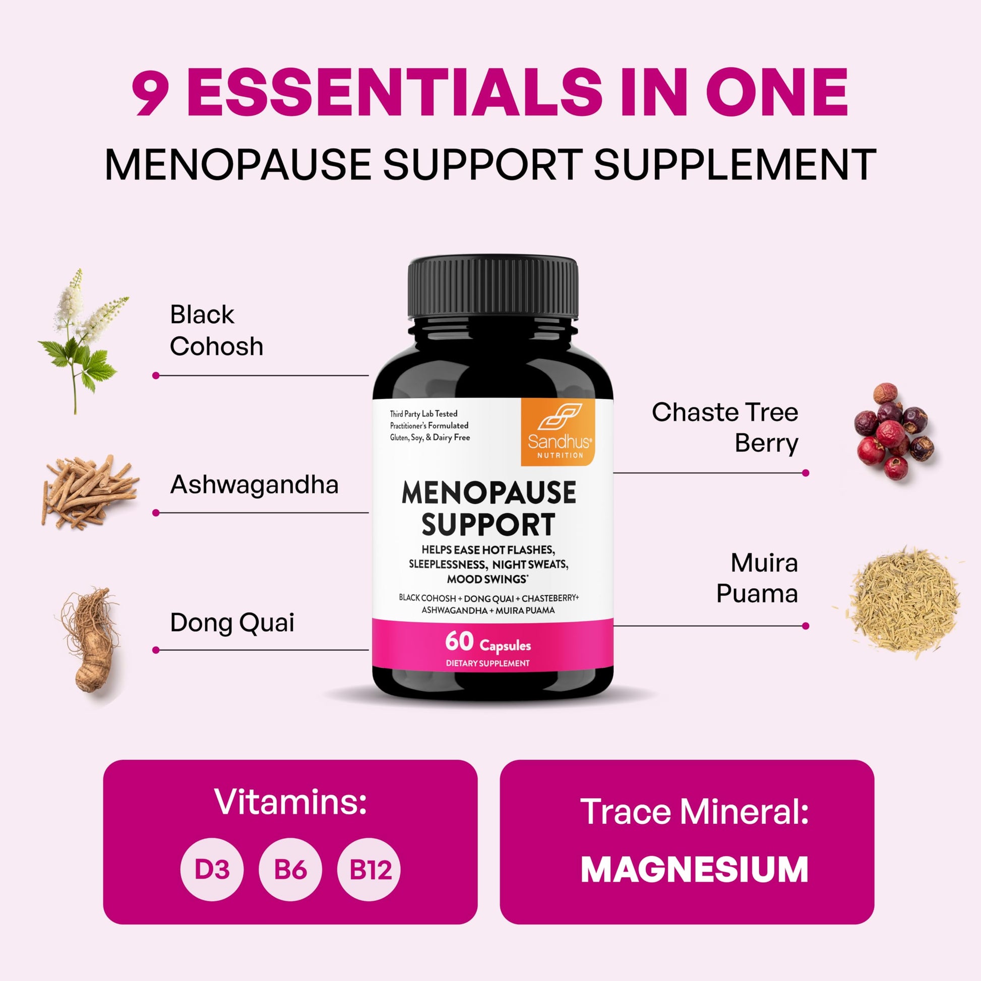 Complete Menopause Support Supplement For Women | With Ashwagandha, Black Cohosh, Dong Quai & Muira Puama | Helps Easing Hot Flashes, Night Sweats, Mood Swings, Hormone Balance & Harmony | 60 Capsules Sandhu'sAu supplements