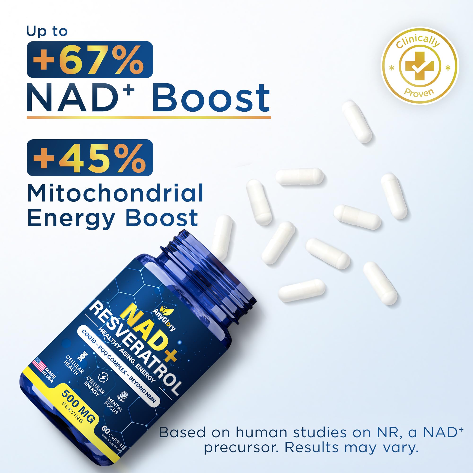 Anyglory NAD+ Supplement with 500mg NR, Resveratrol, CoQ10, PQQ- 5-in-1 NAD Formula |NMN Supplement Alternative|NAD Resveratrol Support Cellular Energy & Healthy Aging-Made in USA-60 Capsules AnygloryAu supplements