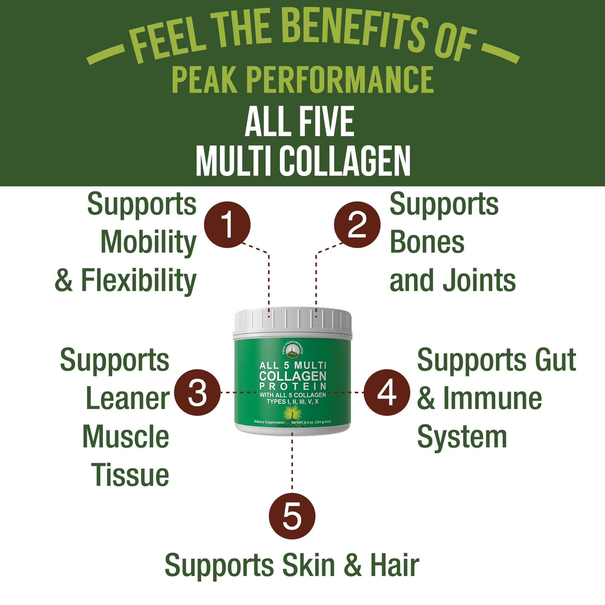 Peak Performance All 5 Multi-Collagen Protein Powder Peptides Multi-Collagen Contains All Types I, II, III,V, X. Keto, Paleo Friendly with Hydrolyzed Bovine, Marine, Chicken, Bone Broth Collagens Peak PerformanceAu supplements