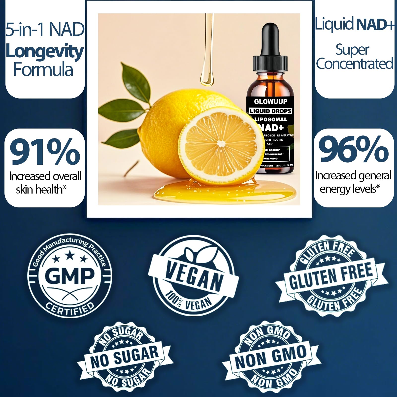 NAD Supplements for Women & Men, Liposomal NAD Nicotinamide Riboside Resveratrol 900mg w. B3 Vitamin Quercetin TMG, Liquid Resveratrol NAD Plus Supplement for Anti-Aging Energy Focus Longevity GLOWUUPAu supplements