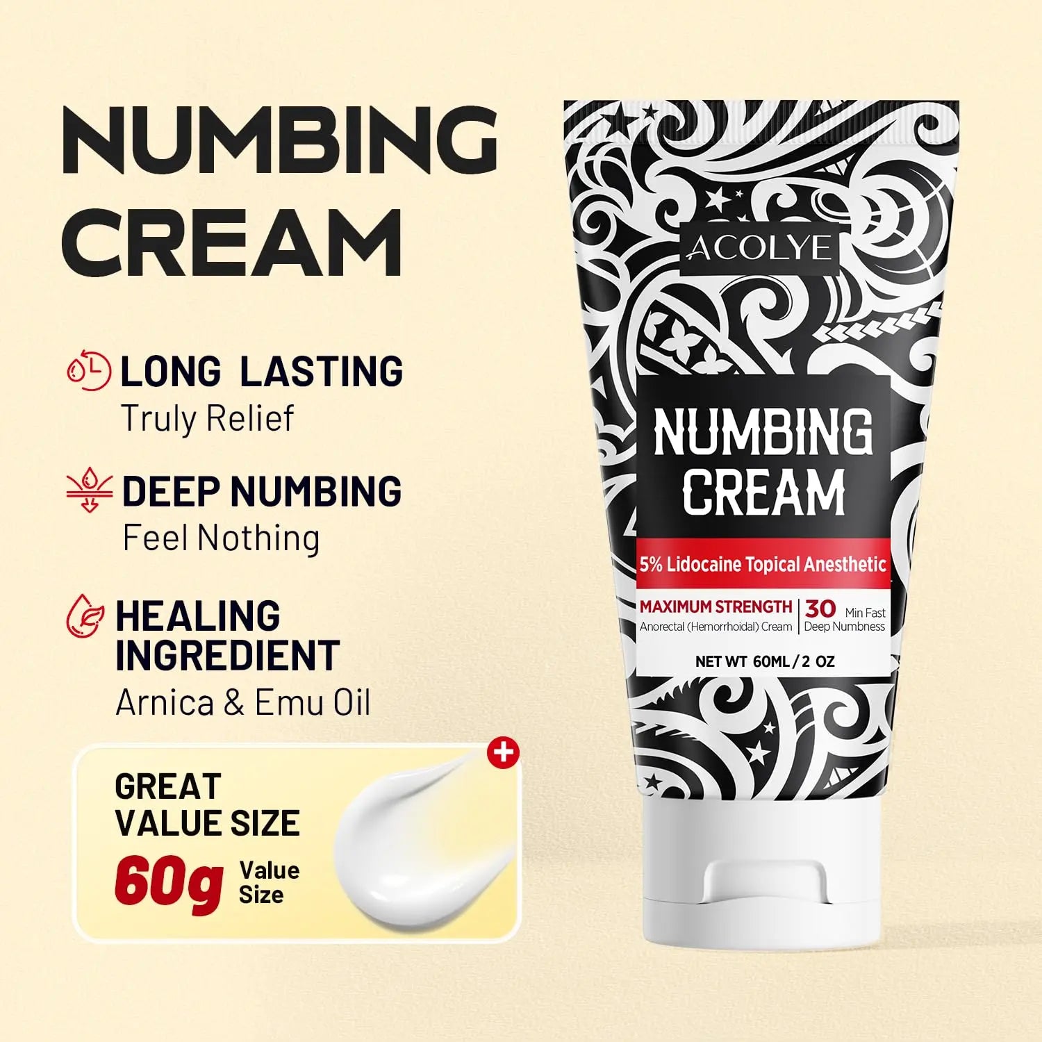 Acolye Numbing Cream Maximum Strength : 5% Lidocaine Topical Anesthetic - Extra Strength 5X Numbing with Menthol Arnica and Emu Oi (2 Fl Oz, Mint Flavor) AcolyeAu supplements
