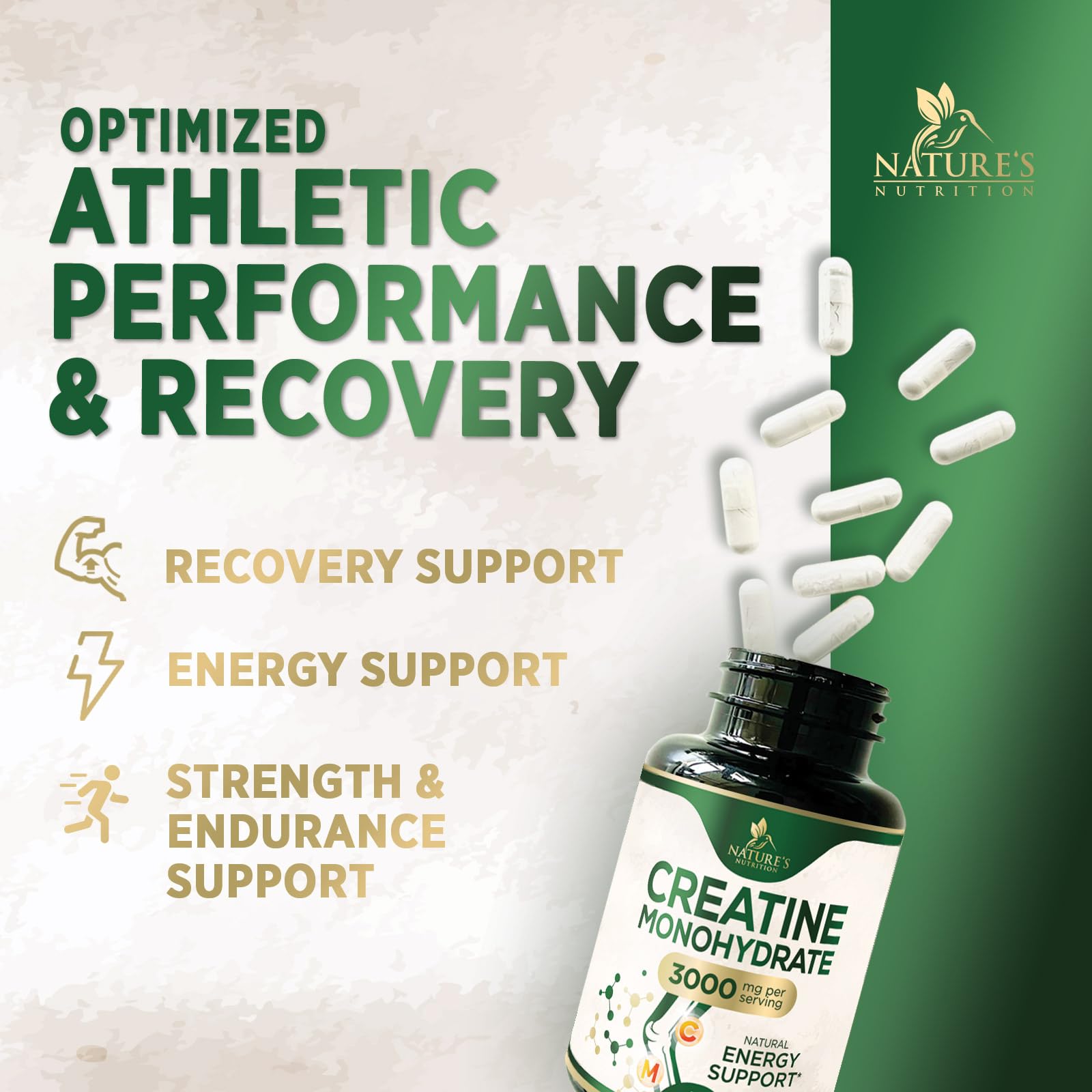 Creatine Monohydrate Capsules 3000mg Per Serving – Micronized Creatine Powder - Supports Lean Muscle, Strength, Energy, & Endurance - Nature's Supplement, Non-GMO, Bottled in USA - 120 Capsules Nature's NutritionAu supplements