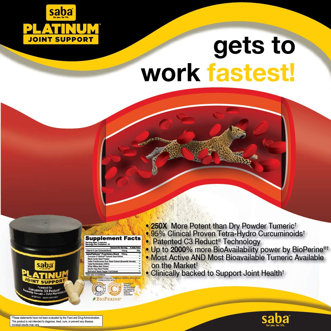 Saba Platinum Joint Support – High Absorption Curcumin C3 Reduct & Boswellia – Fast Acting Turmeric Supplement for Joint Pain Relief, Mobility & Healthy Inflammation Response – 60 Vegan Capsules SabaAu supplements