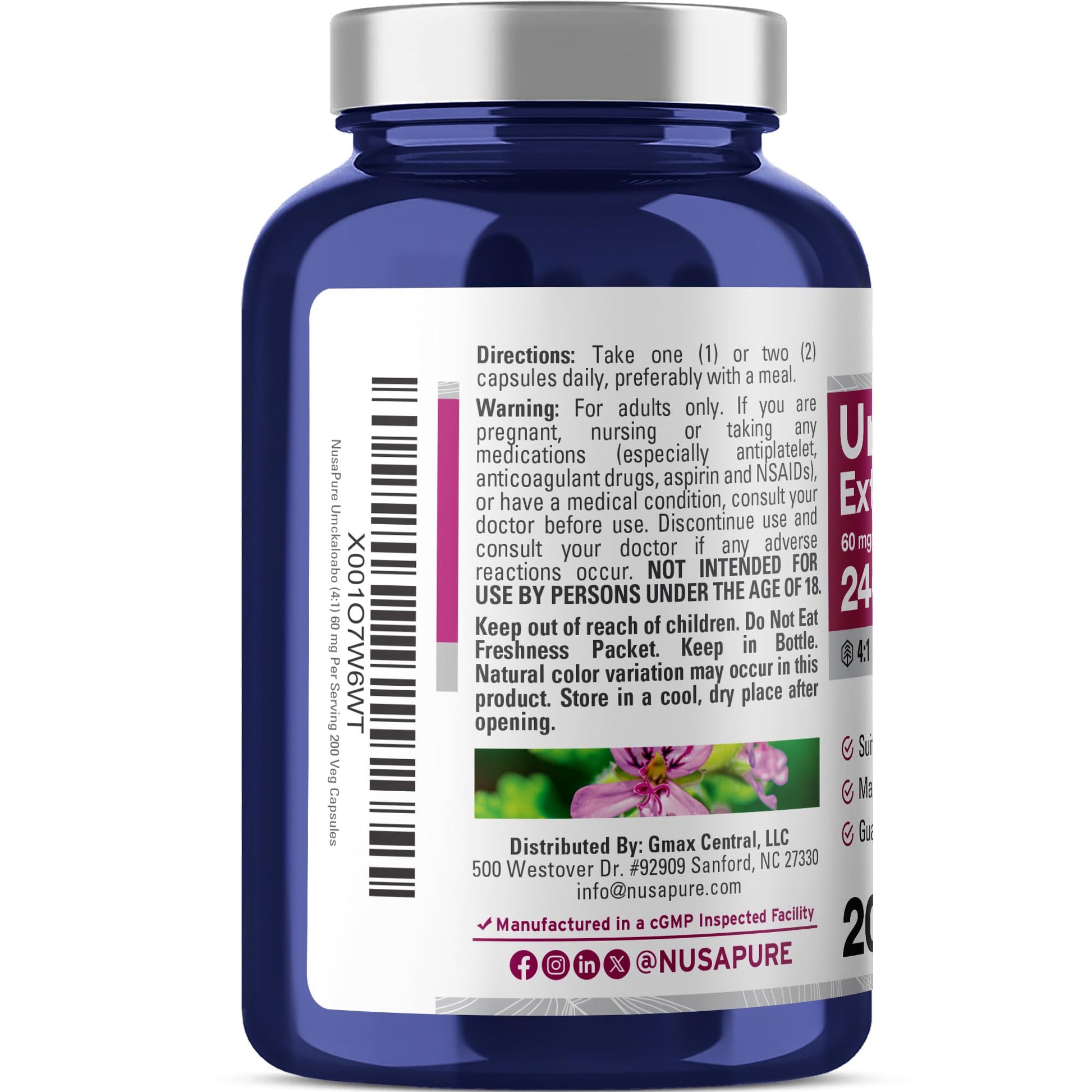 NusaPure Umckaloabo 4:1 Extract, 60 mg Equivalent to 240 mg Veggie Caps 200 Count (Non-GMO, Vegan) NusaPureAu supplements