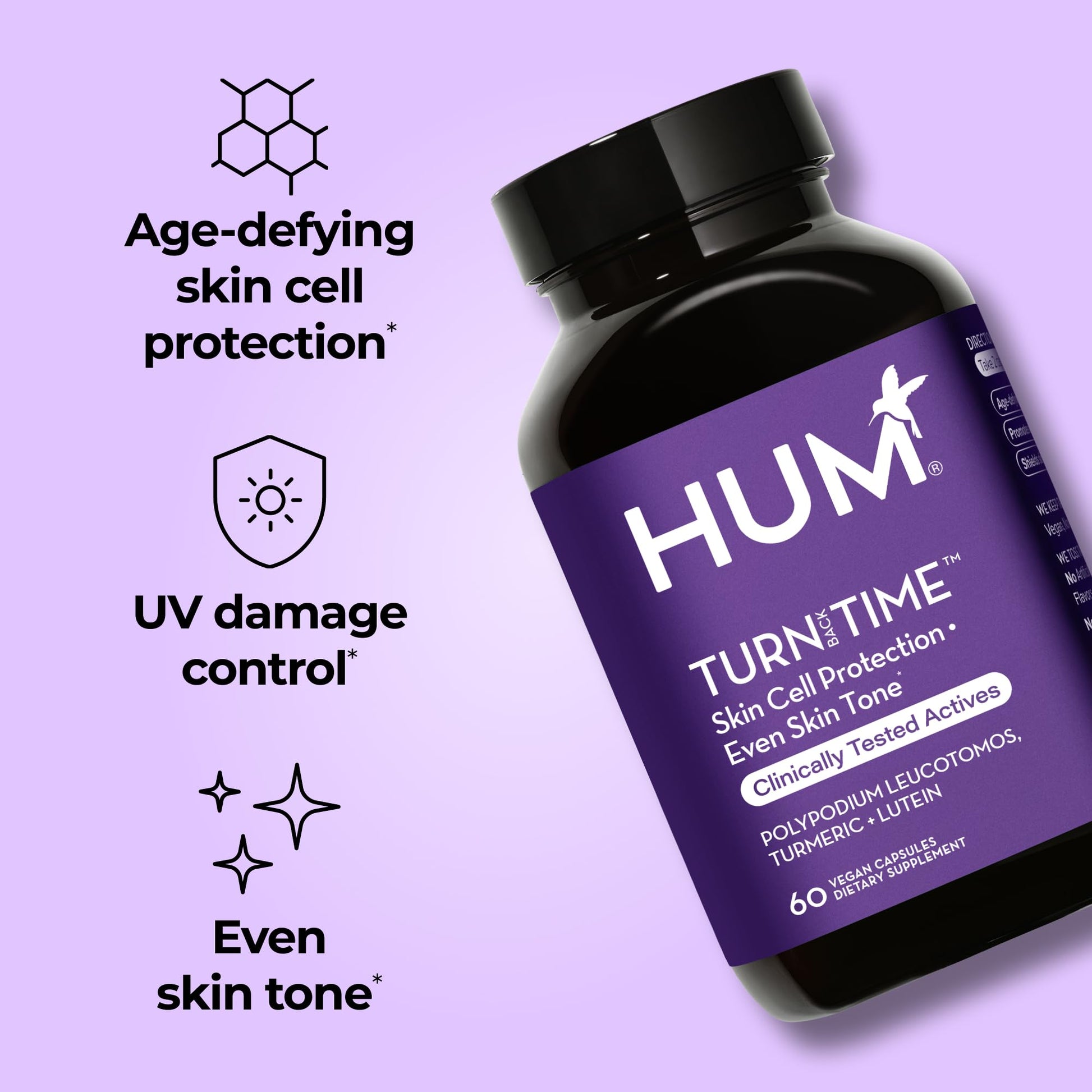 HUM Turn Back Time Turmeric Supplement for Youthful Looking Skin Support with Green Tea Extract, Lutein & Polyphenols, Skin Care Aging & Collagen Support Capsules for Even Tone, 60 Vegan Capsules HUMUS supplements