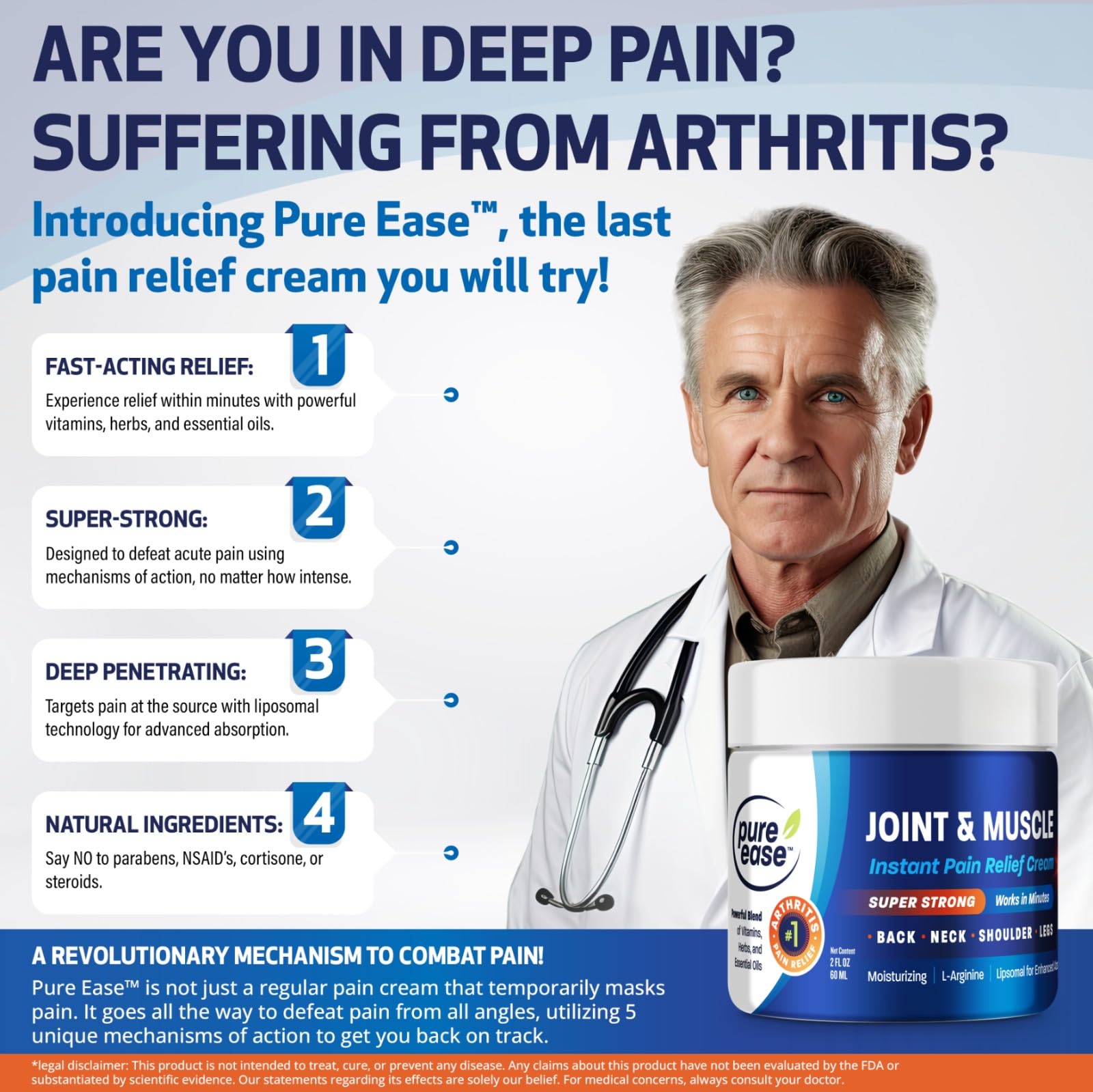 Pure Ease Arthritis Pain Relief Cream for Back 3 in 1 Maximum Instant Relief 2 OZ - Fast-Acting Muscle Pain Cream Extra Strength Joint & Knee - Powerful Formula for Neck Shoulder & Lower Back Pure EaseAu supplements