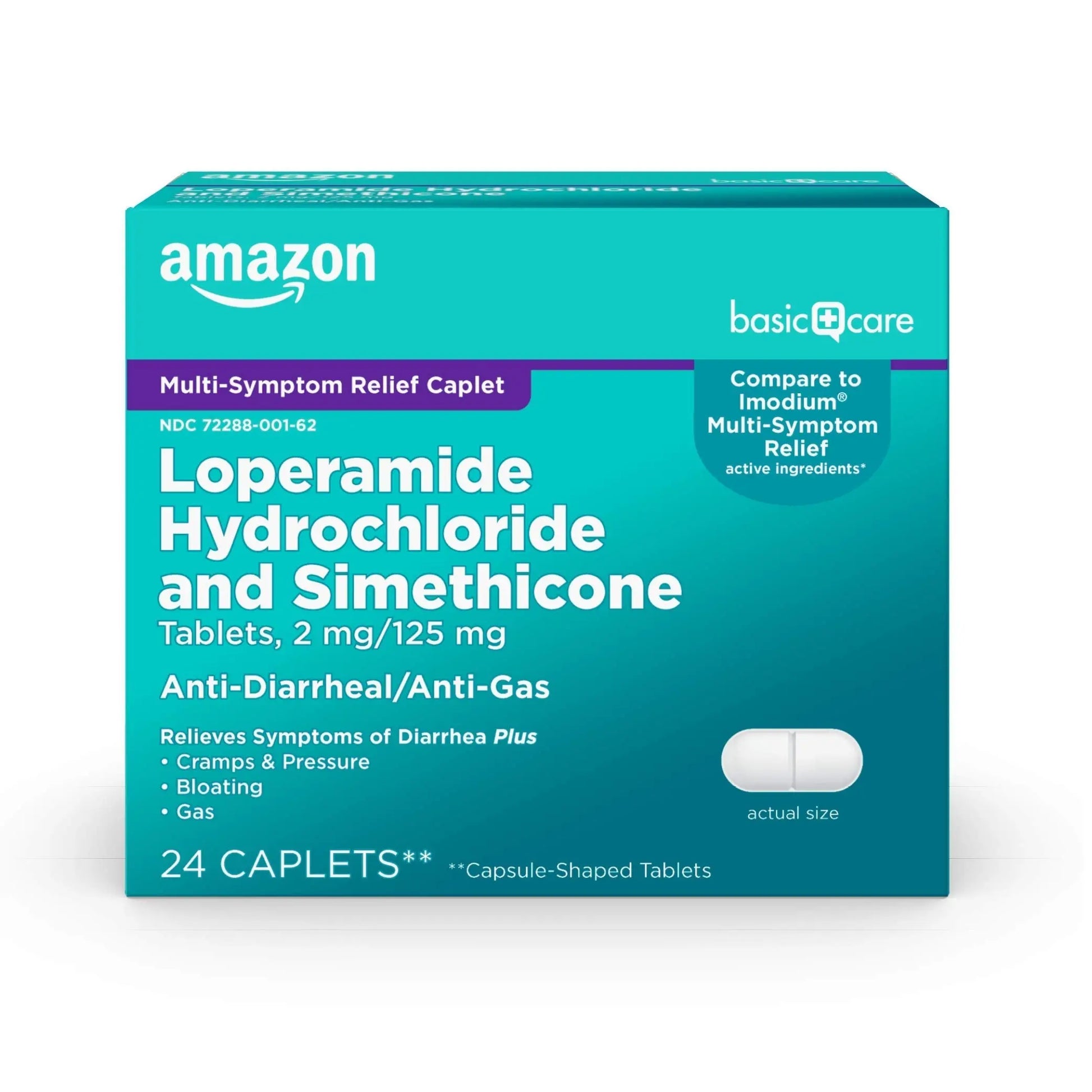 Amazon Basic Care Loperamide Hydrochloride 2 mg and Simethicone 125 mg Tablets, Multi-Symptom Relief, Anti-Diarrheal, Bloating and Cramps, Gas Relief, 24 Count Amazon Basic CareAu supplements