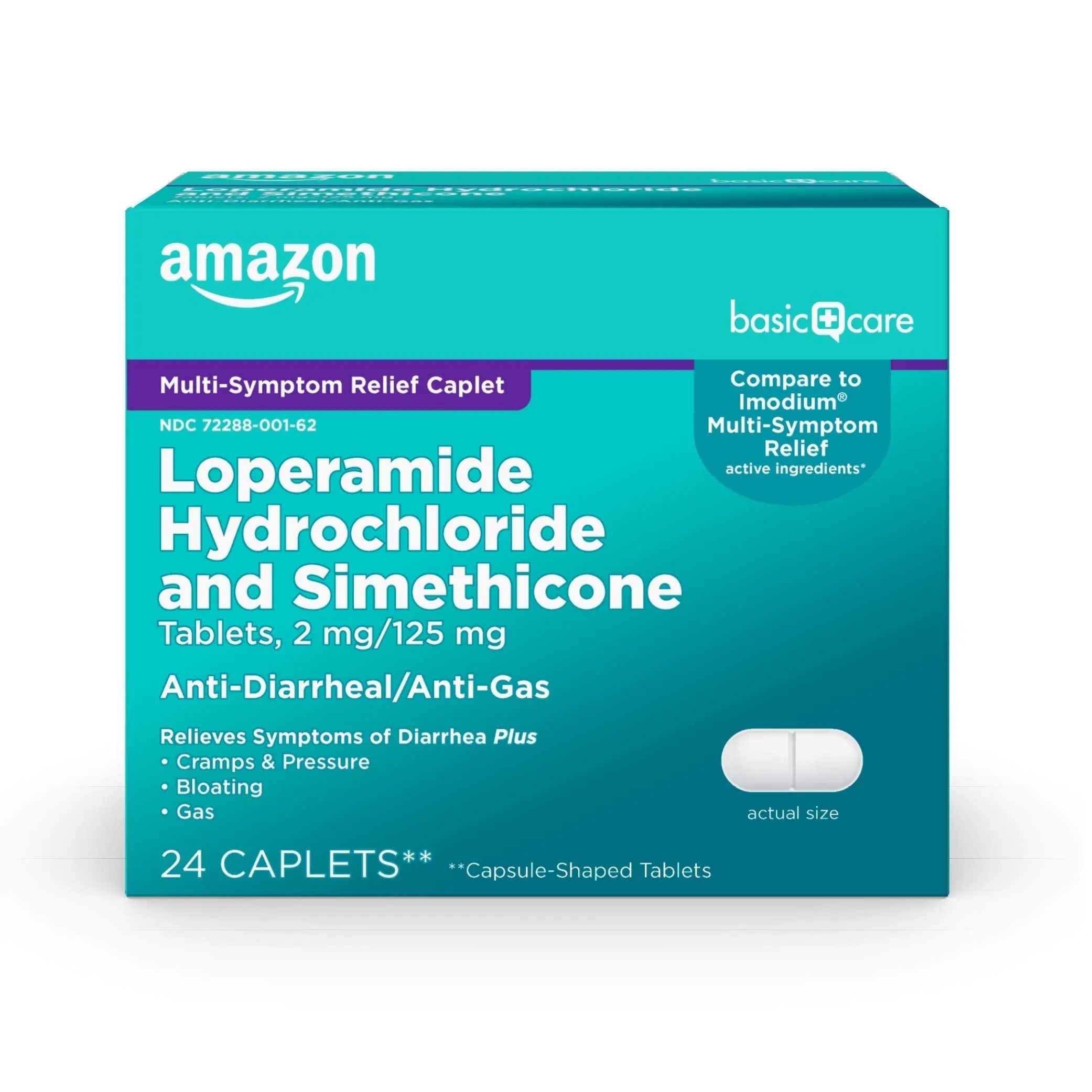 Amazon Basic Care Loperamide Hydrochloride 2 mg and Simethicone 125 mg Tablets, Multi-Symptom Relief, Anti-Diarrheal, Bloating and Cramps, Gas Relief, 24 Count Amazon Basic CareAu supplements