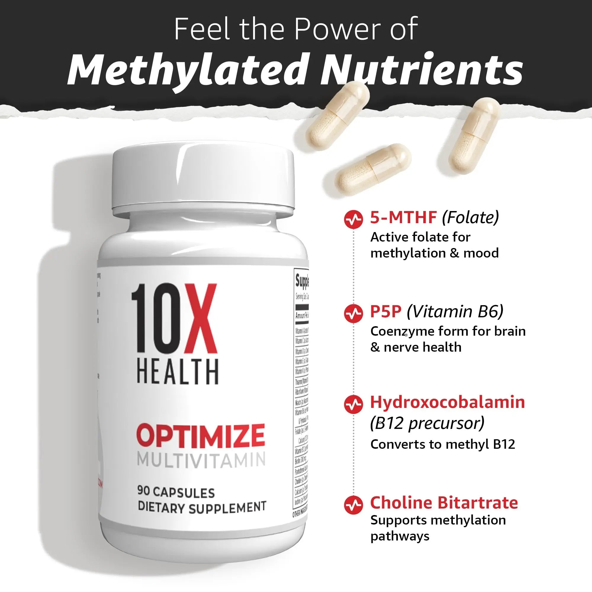 10X Health Optimize Multivitamin for Men - 90 Capsules, Methylated Multivitamin 34 in 1 Formula with 800 mcg of Vitamin B12, 5-MTHF, NAC - Methyl B Complex 10X Health SystemAu supplements