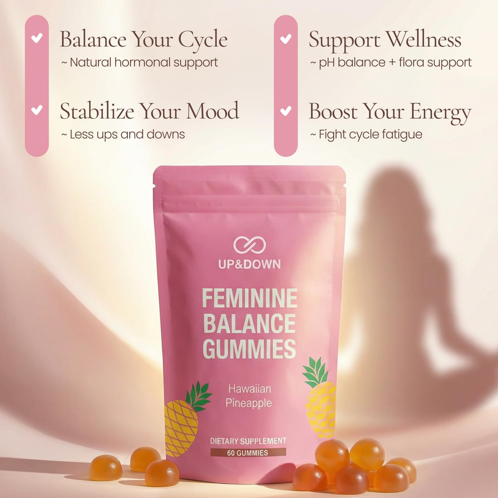 Up&Down Supplements Premium Feminine Balance Gummies for Women | PMS Relief, Mood & Cycle Support | Pineapple + Vitamin C | Ashwagandha & Chasteberry | Vegan, Non-GMO, Gluten Free | 60 Gummies Up&Down SupplementsAu supplements