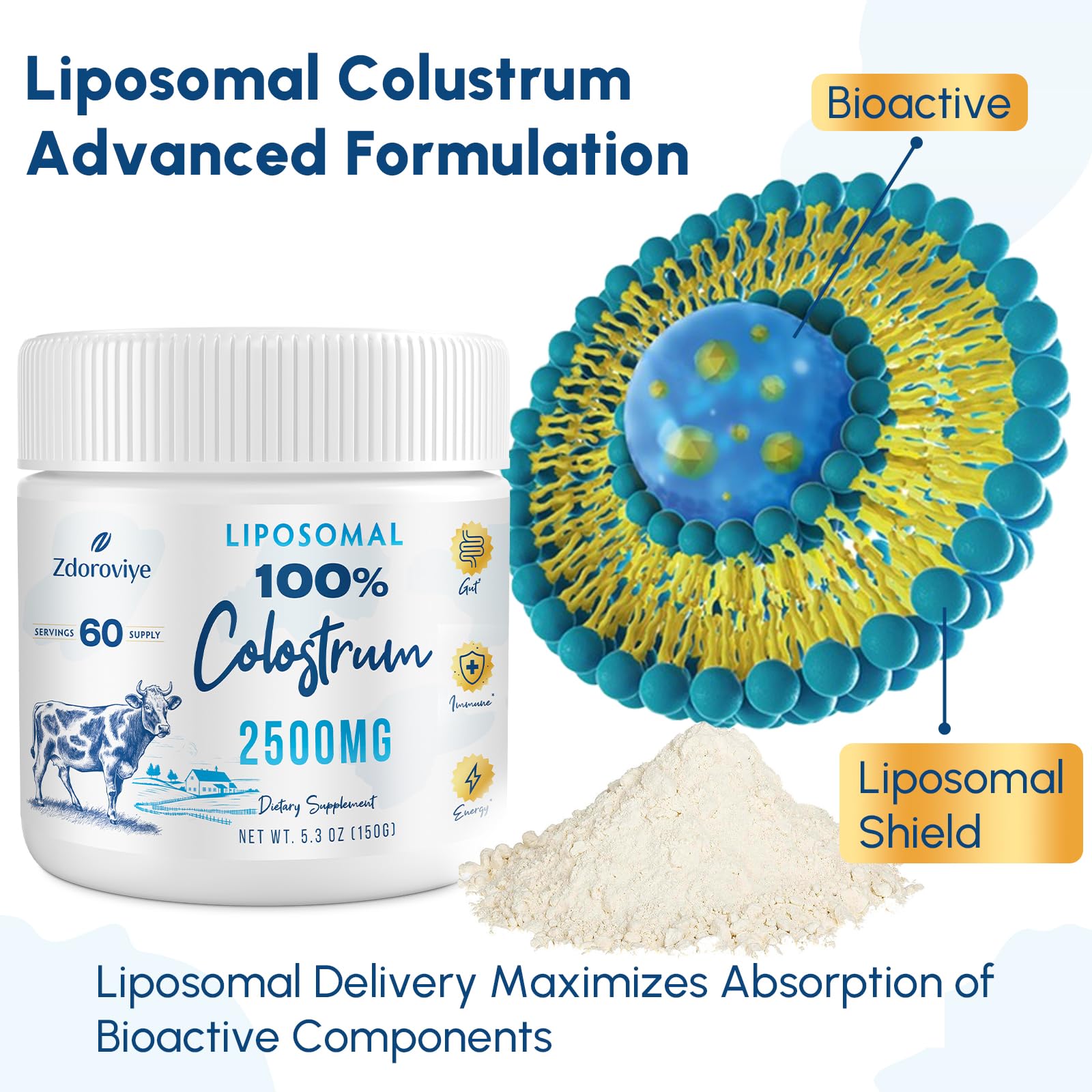 Zdoroviye Liposomal Bovine Colostrum Powder Supplement 2500 mg, Higher Absorption Than Regular Bovine Colostrum (60 Servings) ZdoroviyeAu supplements