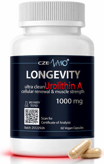 CzeNano Longevity – Ultra-Pure Urolithin A Supplement 1000 mg | Mitochondrial Support, Cellular Energy & Muscle Strength | Third-Party Tested COA | 60 Vegan Capsules CzeNanoAu supplements