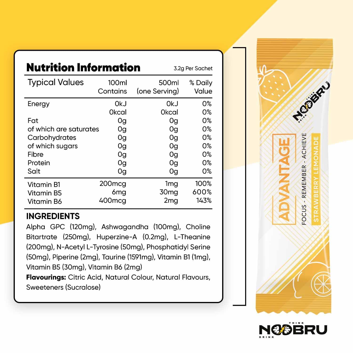 Noobru Аdvantage Nootropic - Delicious Nootropics Brain Supplement with 11 Active Ingredients - Natural Cognitive Enhancer - 20 Strawberry Lemonade Sachets - 1 Month Supply, 20 Count (Pack of 1) NoobruAu supplements