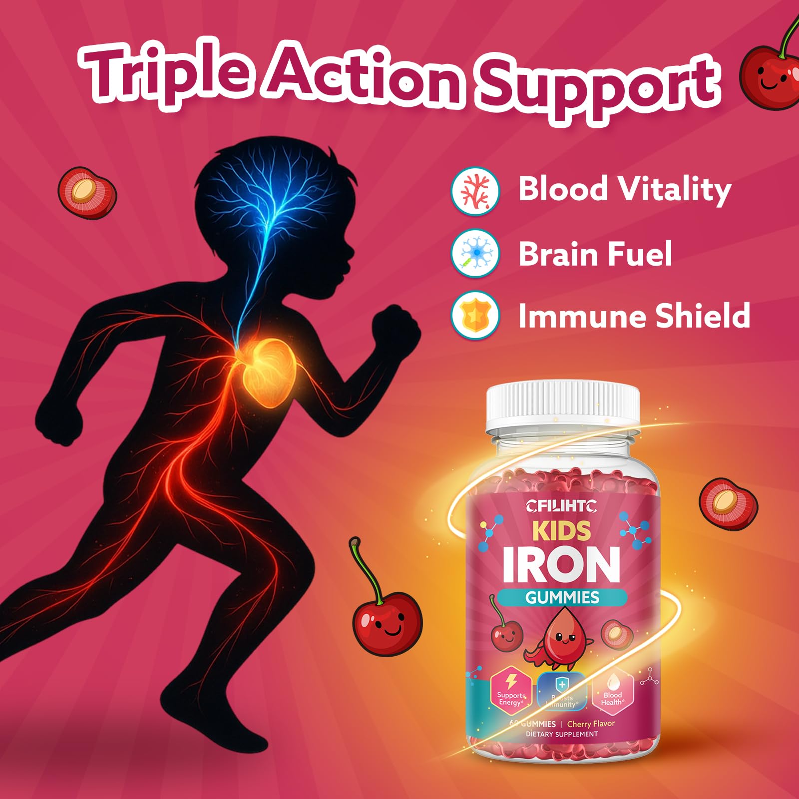 Iron Gummies for Kids & Teens, Kids Multivitamin with Iron Supplement, Calcium, Folate, Zinc, Prebiotic - for Blood Builder & Energy Support, Iron Deficiency - Vegan & Non-GMO - 60 Count Cherry CFILIHTCAu supplements