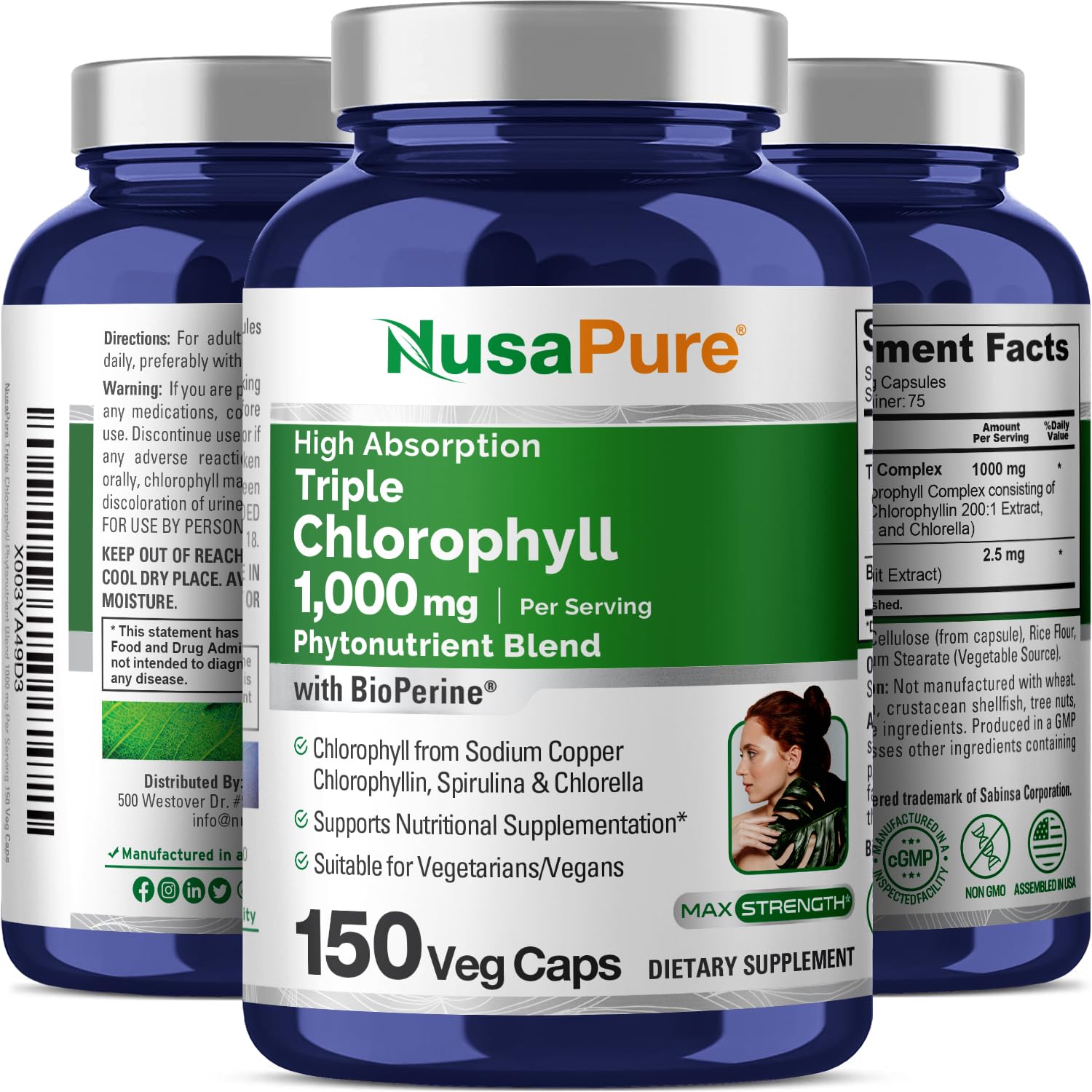 NusaPure High Absorption Triple Chlorophyll 1000 mg 150 Veg Caps Suitable for Vegetarians and Vegans, Non-GMO NusaPureAu supplements