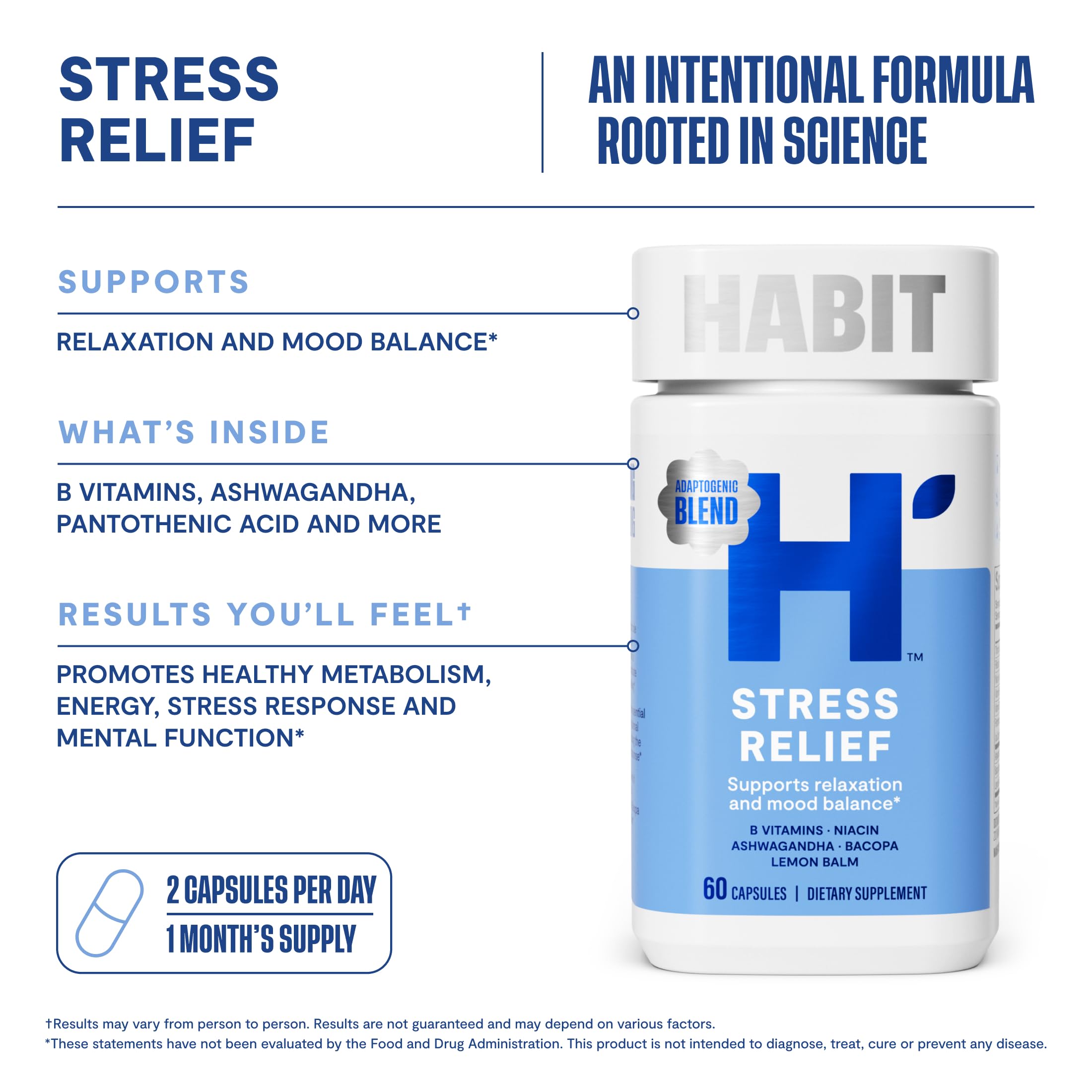 Habit Stress Relief Supplement (60 Capsules) - New Look, Supports Relaxation & Mood Balance, Vitamin B, Adaptogens, Lemon Balm, Calming, Vegan, Non-GMO (1 Pack) H' HabitAu supplements