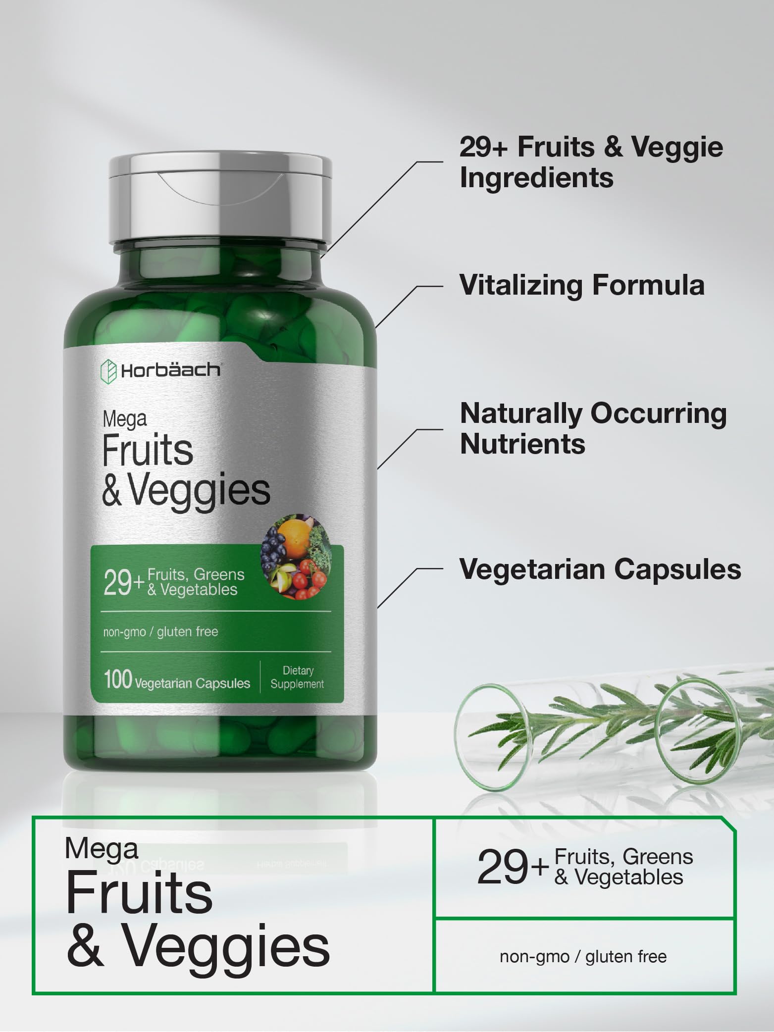 Horbäach Mega Fruits and Veggies Supplement | 100 Capsules | Vegetarian, Non-GMO and Gluten Free HorbäachAu supplements